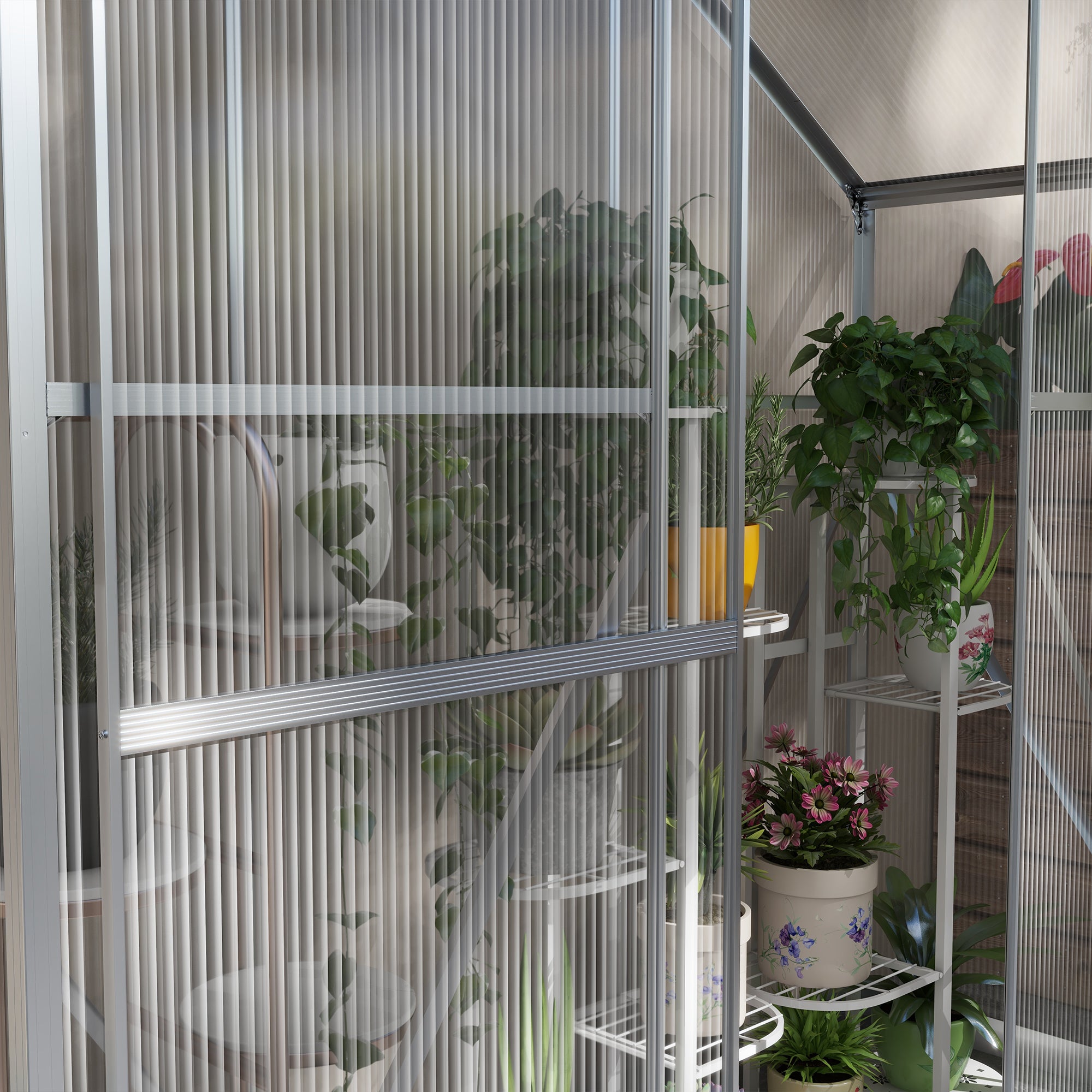 Outsunny 6 x 2.5ft Polycarbonate Greenhouse Walk-In Green House with Rain Gutter, Sliding Door, Window, Foundation, Silver - North Peak Garden Furniture