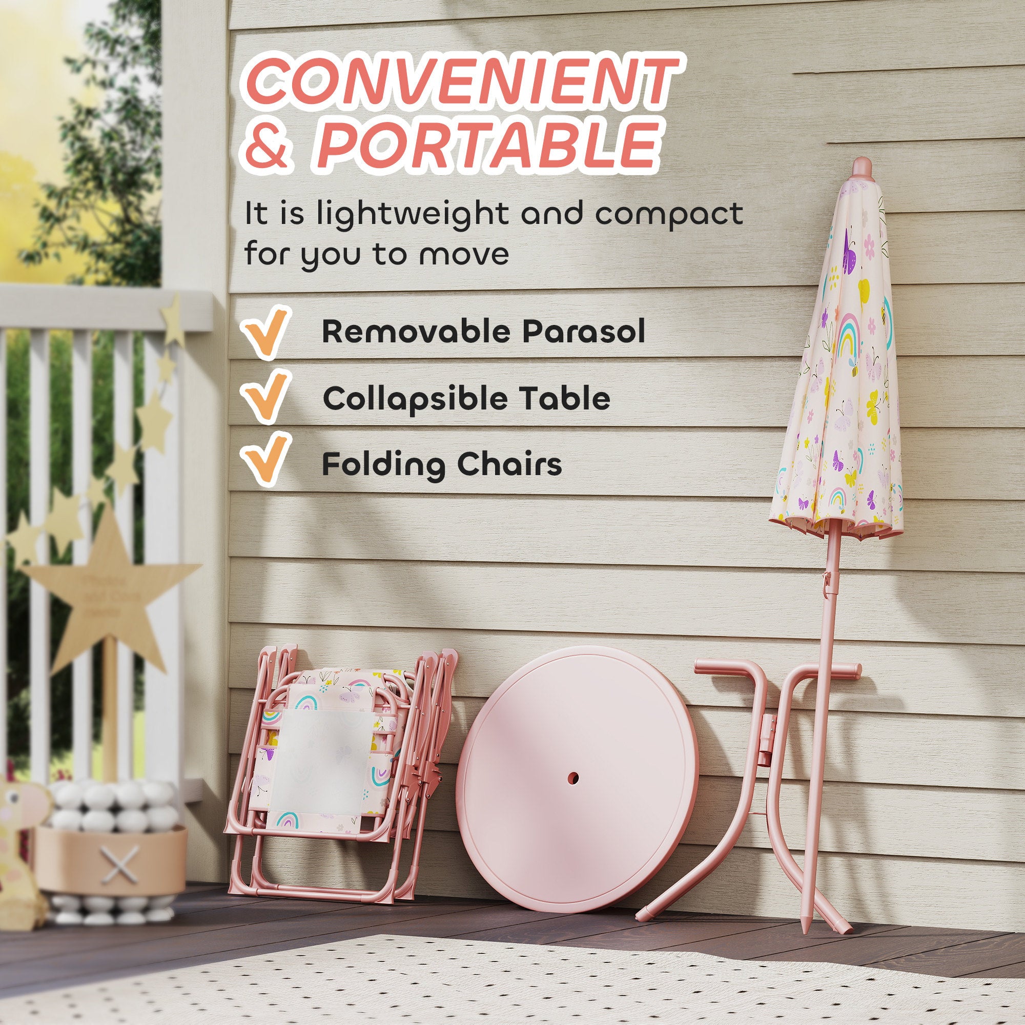 AIYAPLAY 4-Piece Kids Garden Table and Chair Set with Adjustable Parasol, Folding Chairs, Table, Rainbow Pattern, Pink