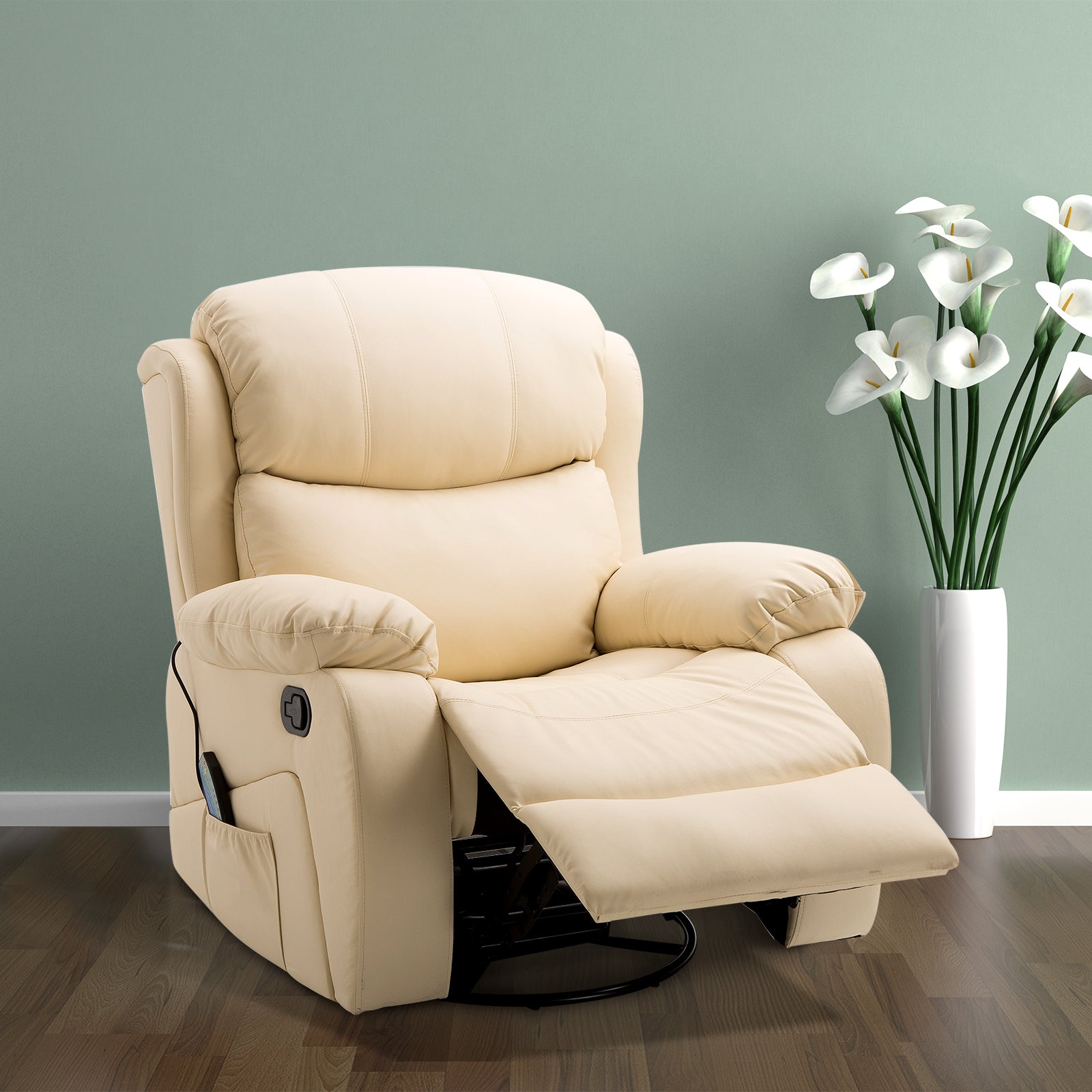 HOMCOM PU Leather Reclining Chair with 8 Massage Points and Heat, Manual Recliner with Swivel Base, Footrest and Remote, Beige - North Peak Garden Furniture