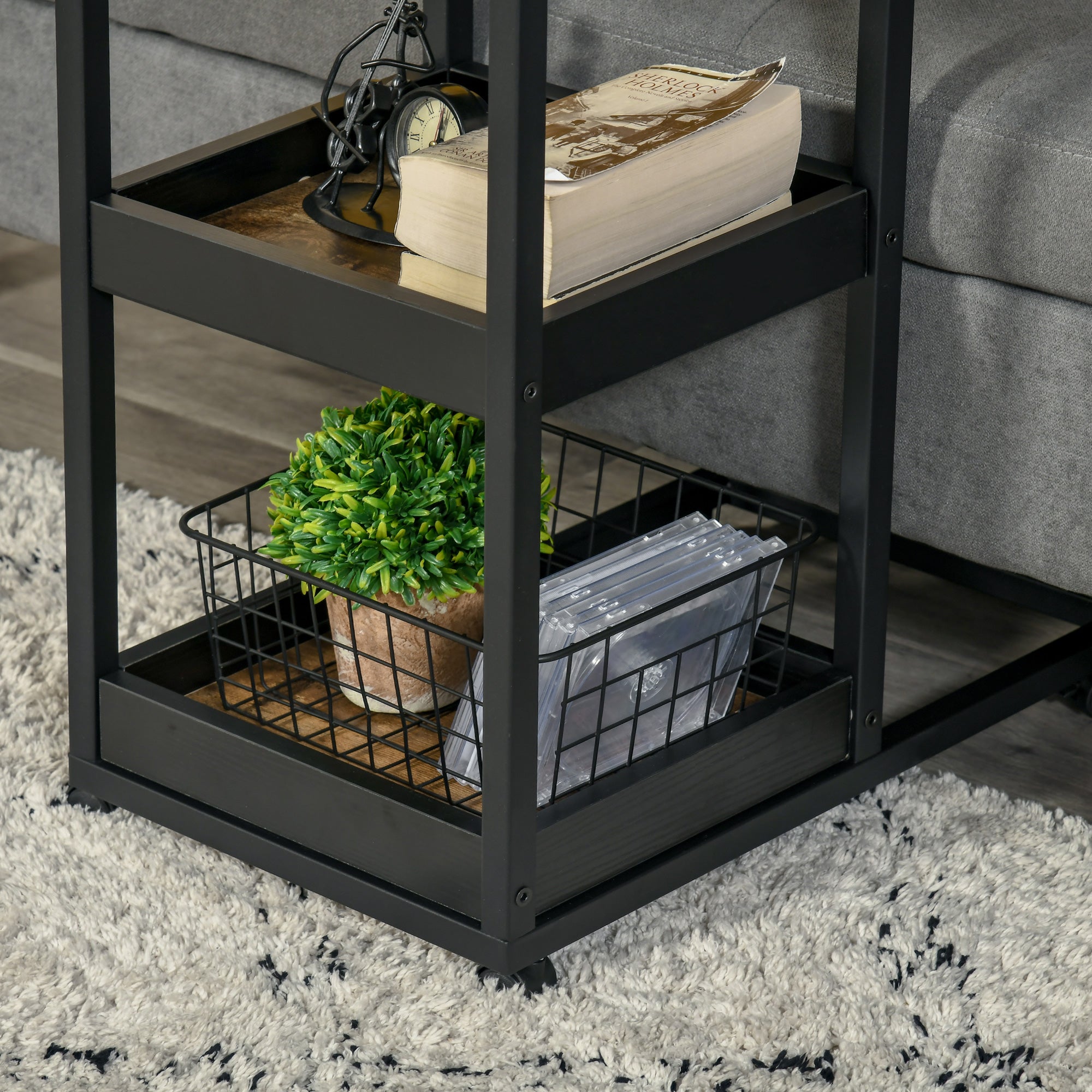 HOMCOM Industrial Mobile Sofa Side Table C-Shaped Rolling Couch Table with 3-Tier Storage Shelving Four Lockable Wheels Steel Frame - Brown - North Peak Garden Furniture