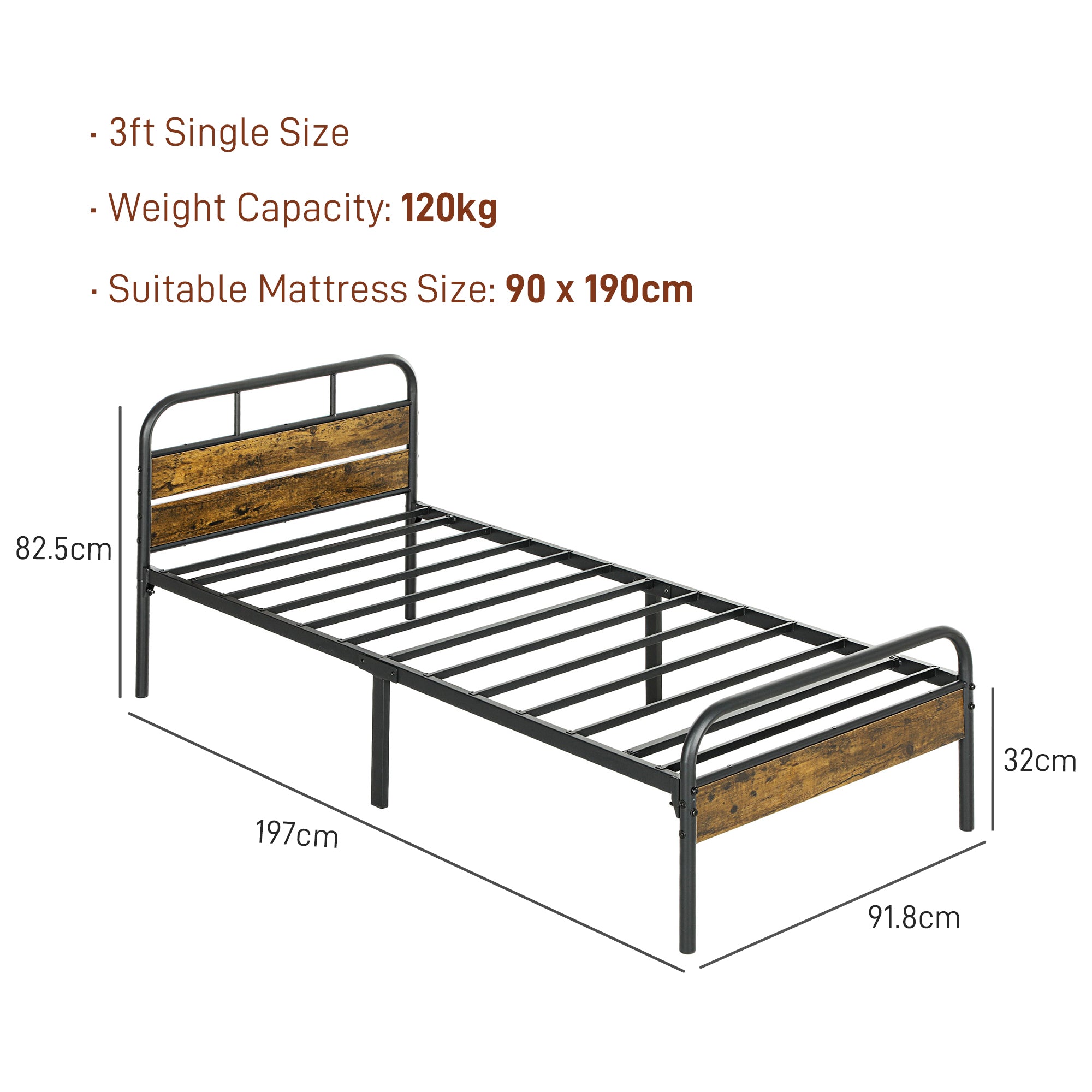 HOMCOM Industrial-Style Single Bed Frame - Black/Brown - North Peak Garden Furniture