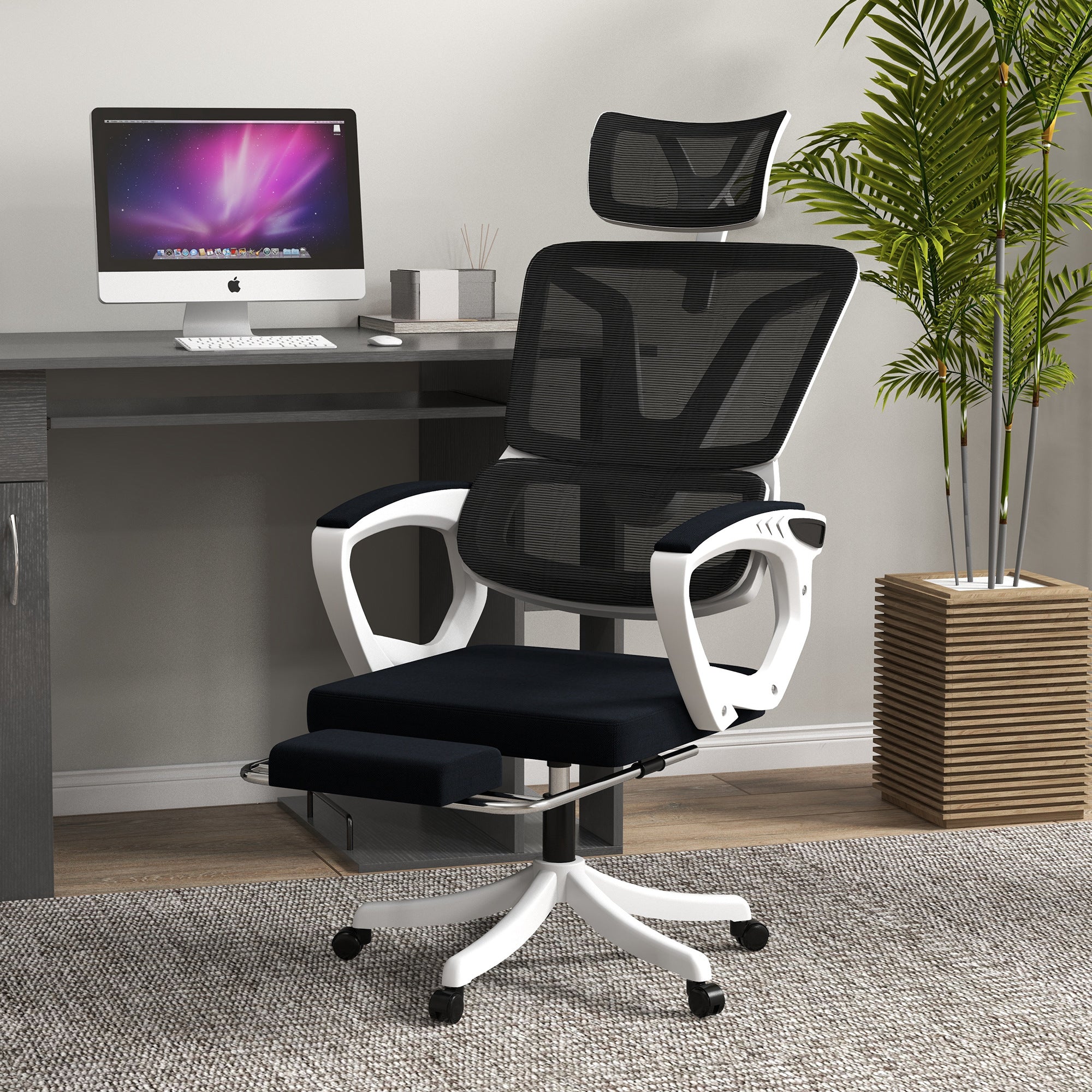 Vinsetto Ergonomic Office Chair, High Back Desk Chair, Reclining Mesh Computer Chair with Adjustable Headrest, Lumbar Support, Foot Rest, Swivel Wheels, Adjustable Height, Black - North Peak Garden Furniture