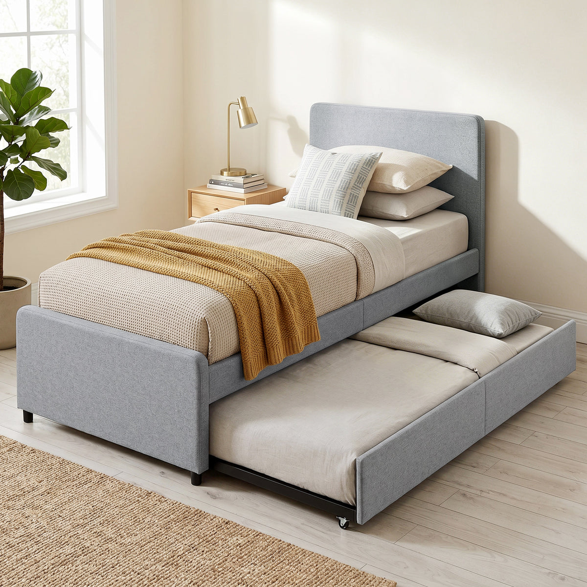 HOMCOM 3ft Single Bed Frame with Trundle, Upholstered Pull Out Trundle Bed with Headboard and Footboard, Light Grey