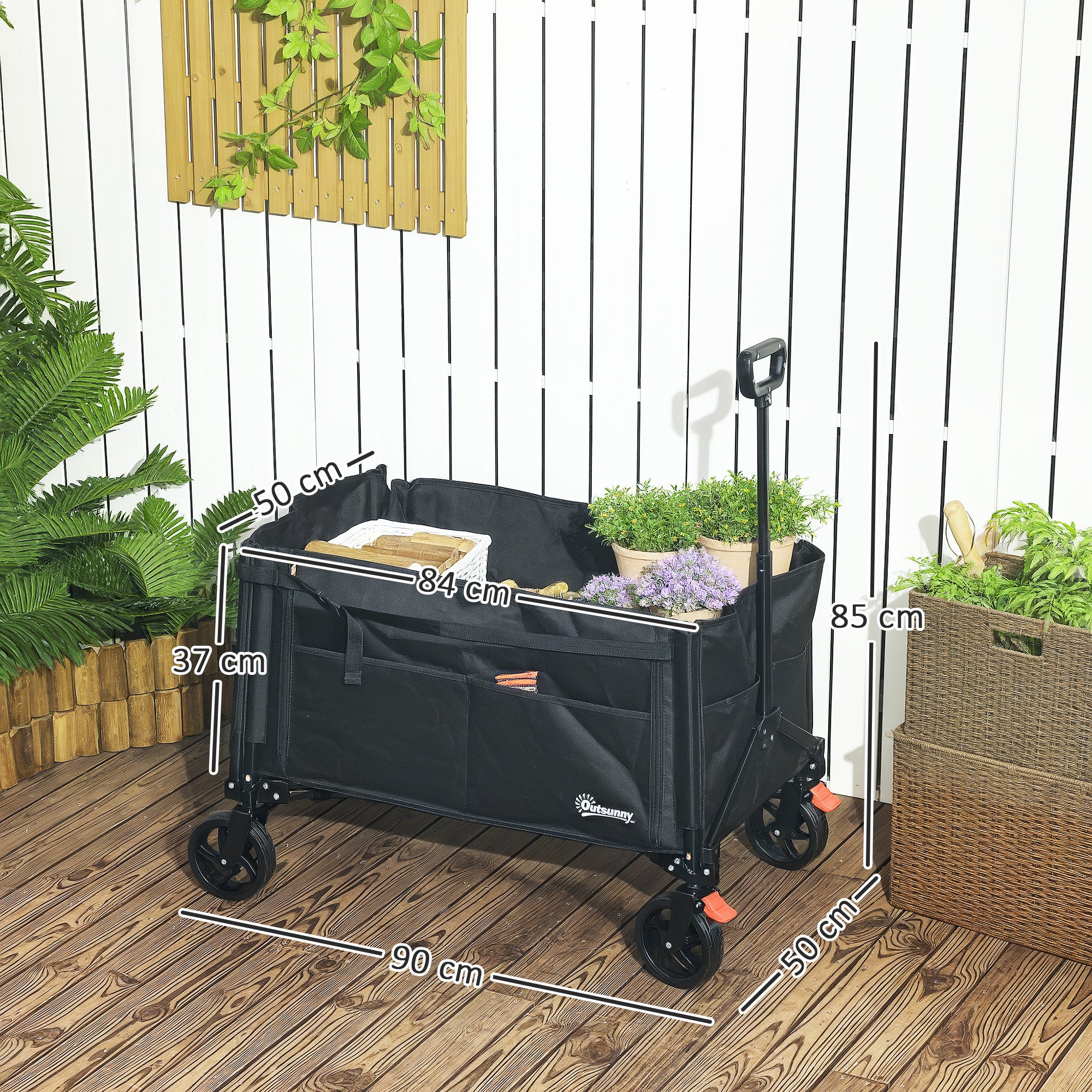 Outsunny Folding Trolley on Wheels, 150L Collapsible Wagon Festival Trolley Cart with Openable Sides, Adjustable Handle and Brakes for Shopping Camping Beach and Garden, Black - North Peak Garden Furniture