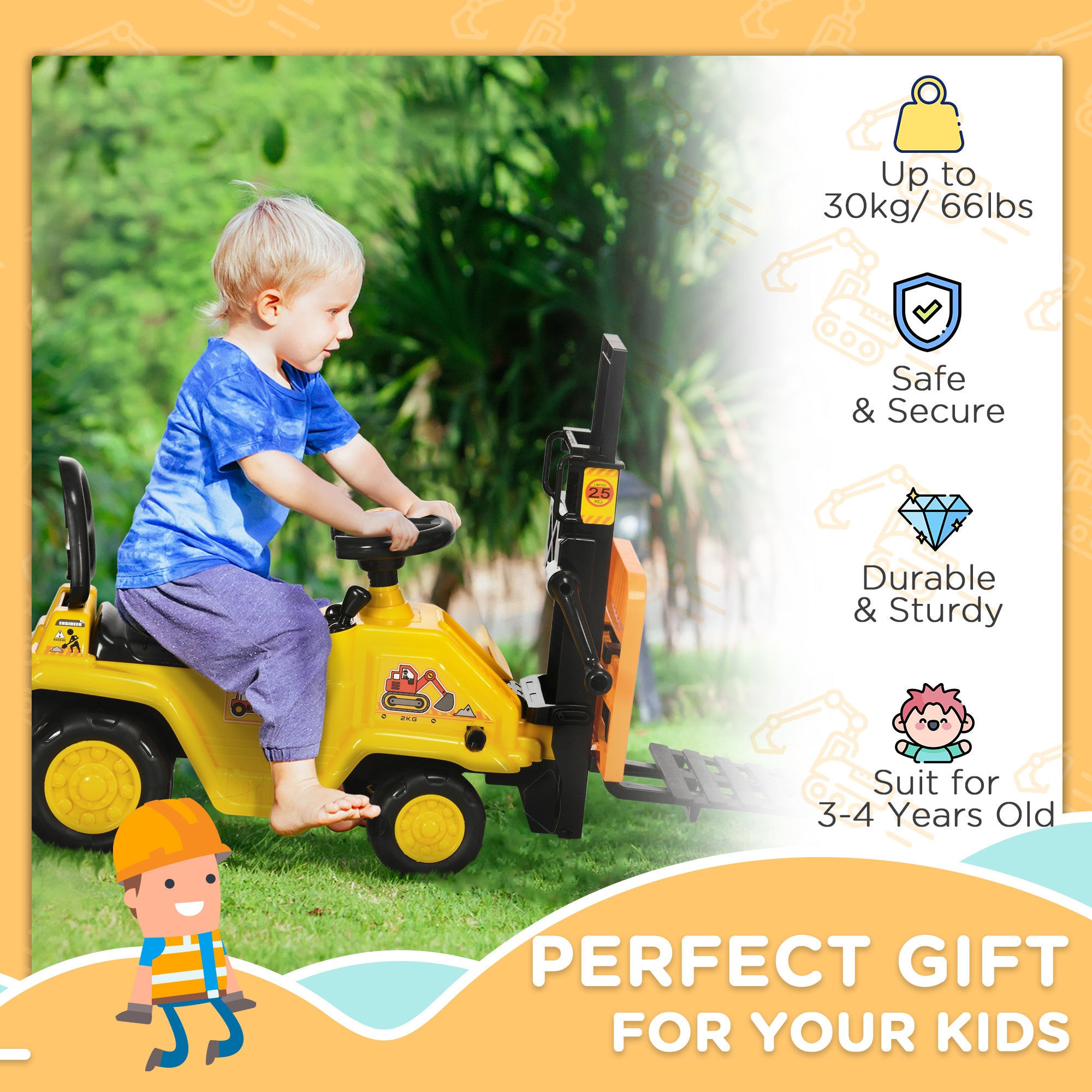 HOMCOM Kids Ride-On Construction Car, with Fork, Tray, Sounds - Yellow - North Peak Garden Furniture