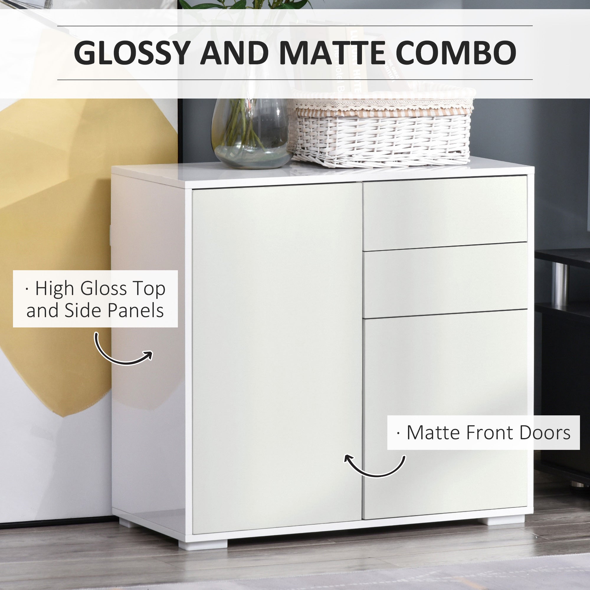 HOMCOM High Gloss Frame Sideboard, Side Cabinet, Push-Open Design with 2 Drawer for Living Room, Bedroom, White - North Peak Garden Furniture