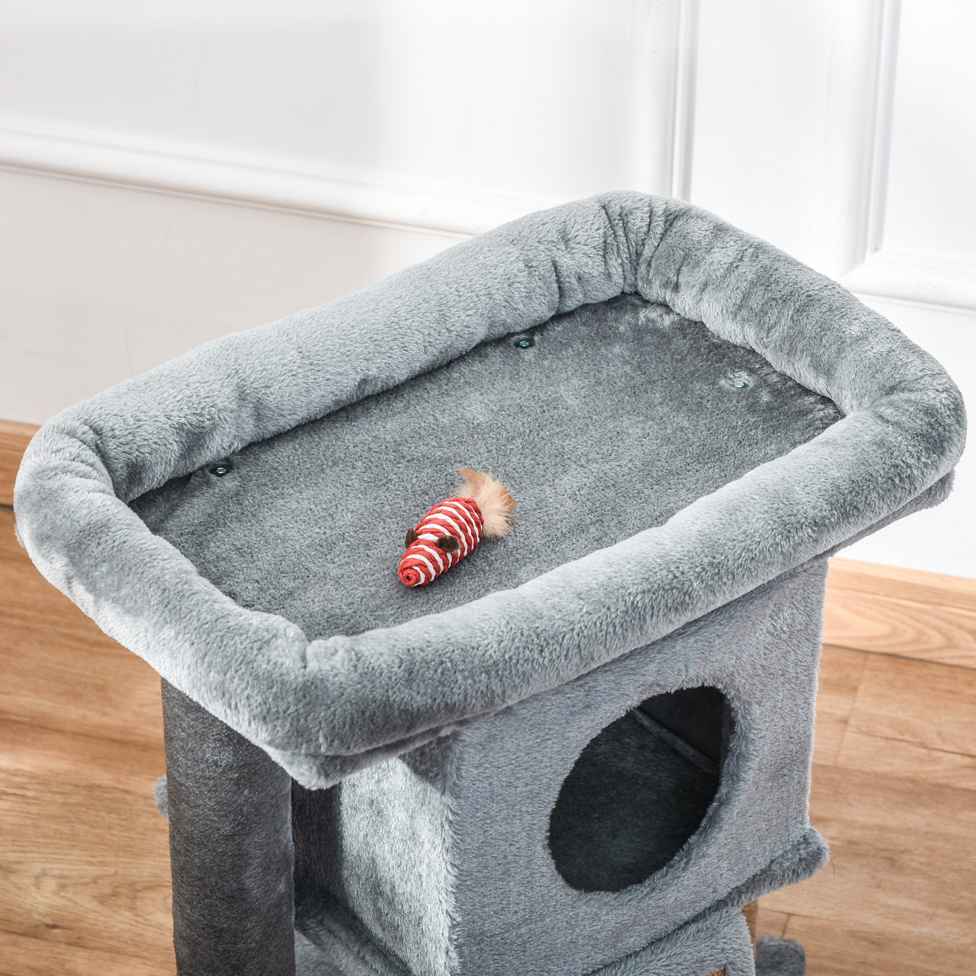 PawHut Cat Tree Tower for Indoor Cats Cat Scratching Post Climbing Activity Centre w/Jute Scratching Pad, Toy Ball, Cat House - Grey - North Peak Garden Furniture