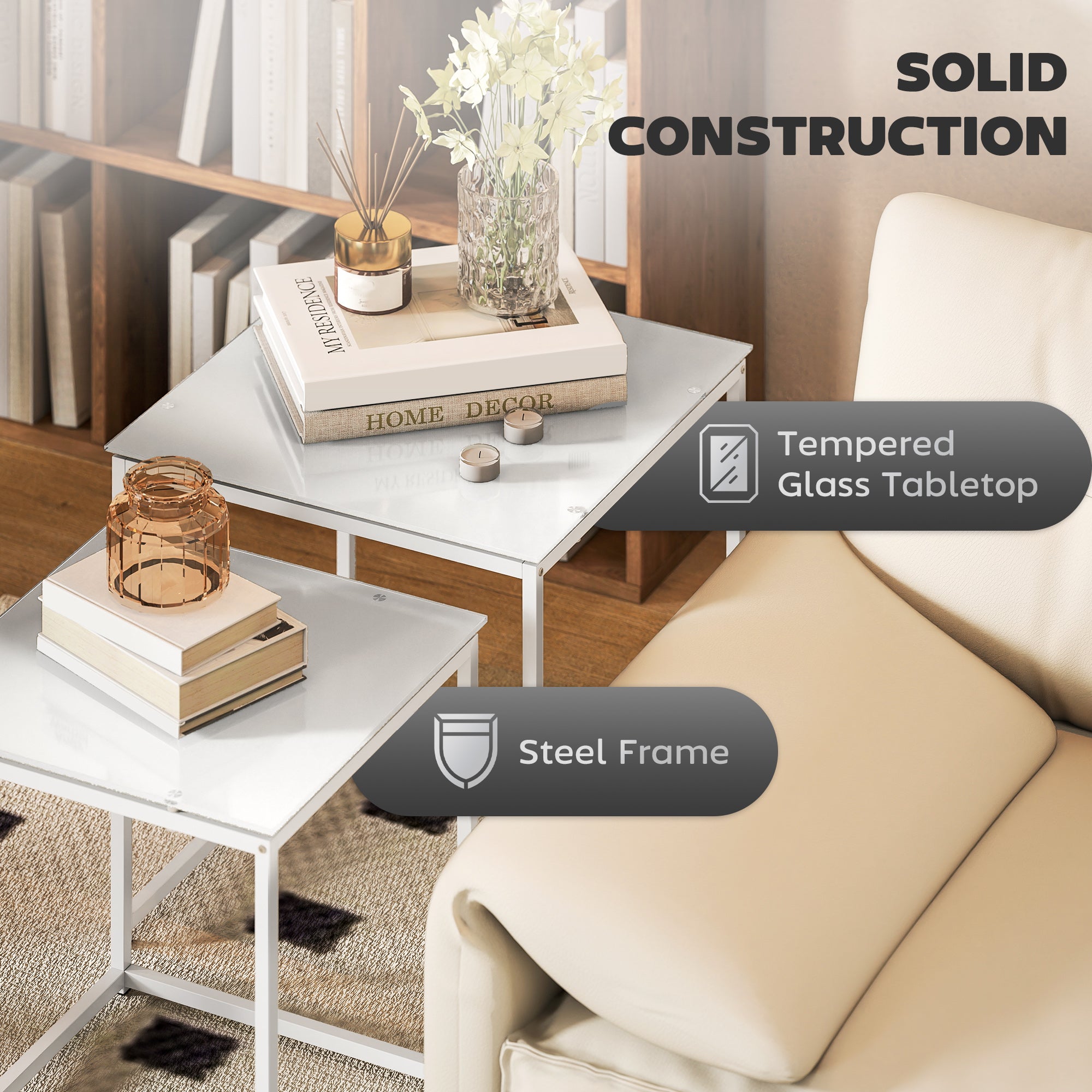 HOMCOM Nest of Tables, Set of 2 Coffee Table, Side Tables with Tempered Glass Desktop and Metal Frame for Living Room, Bedroom, Office, White - North Peak Garden Furniture