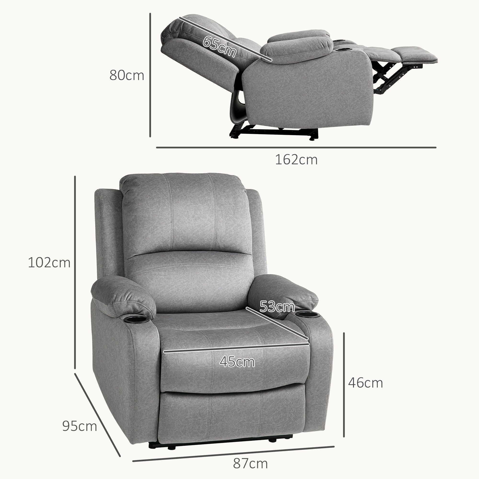 HOMCOM Microfibre Manual Reclining Armchair, with Footrest - Grey - North Peak Garden Furniture