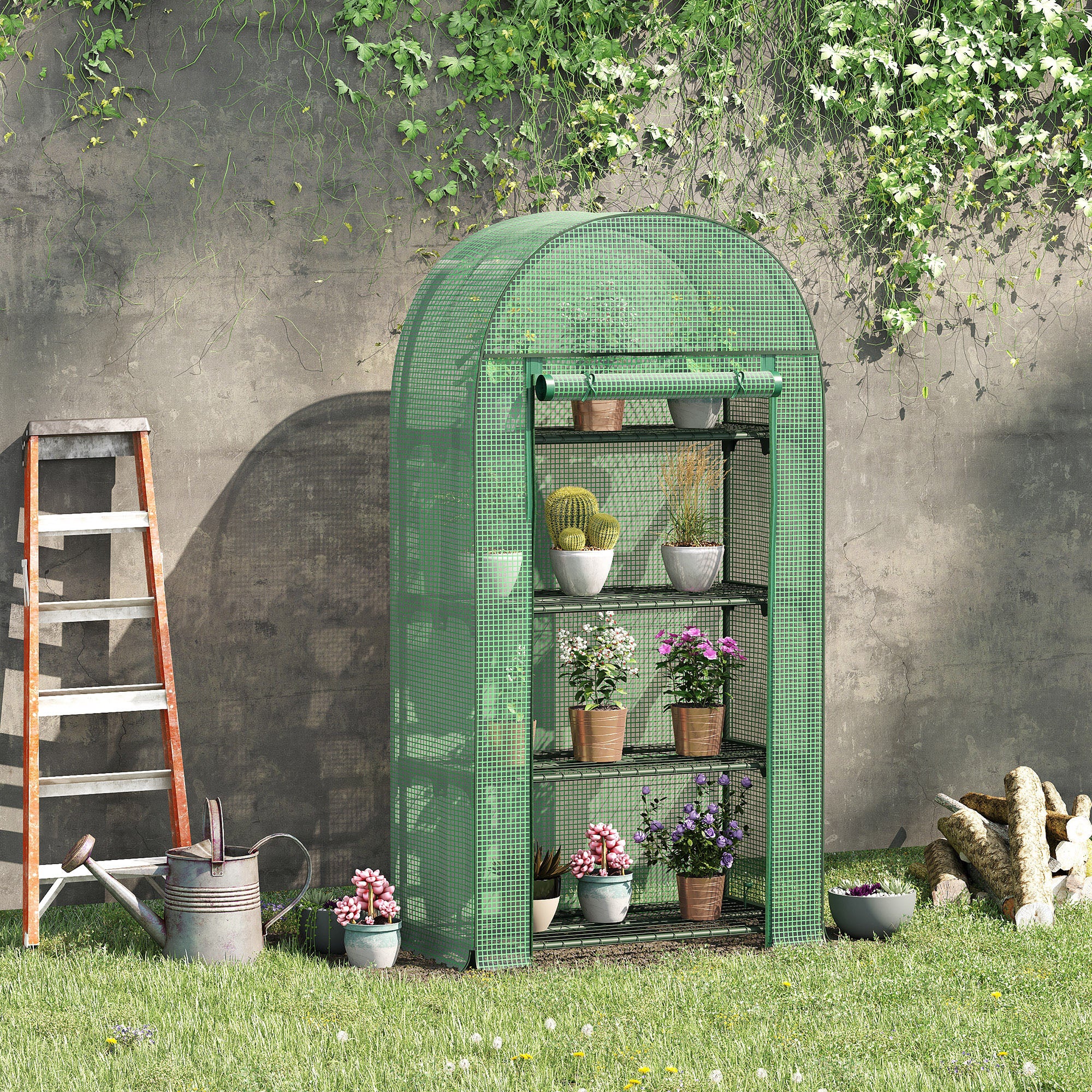 Outsunny 80 x 49 x 160cm Mini Greenhouse for Outdoor, Portable Gardening Plant Green House with Storage Shelf, Roll-Up Zippered Door, Metal Frame and PE Cover, Green - North Peak Garden Furniture