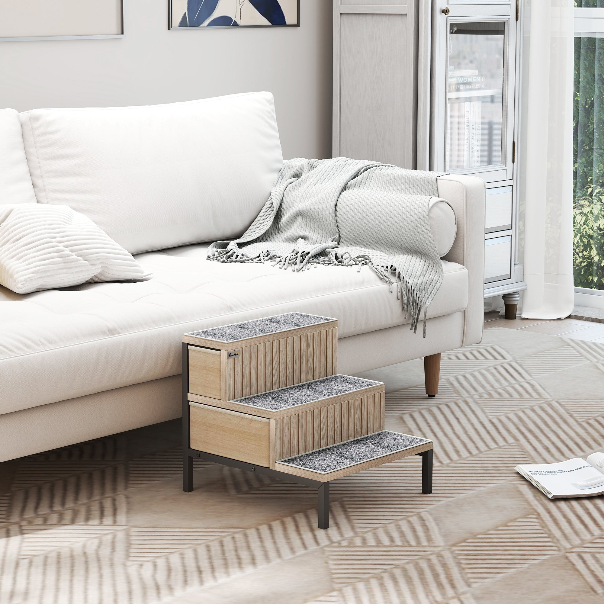 PawHut Dog Stairs with Storage, Non-Slip Cover, Pet Steps for Small Dogs & Older Cats, for Sofa, High Bed, Oak Tone