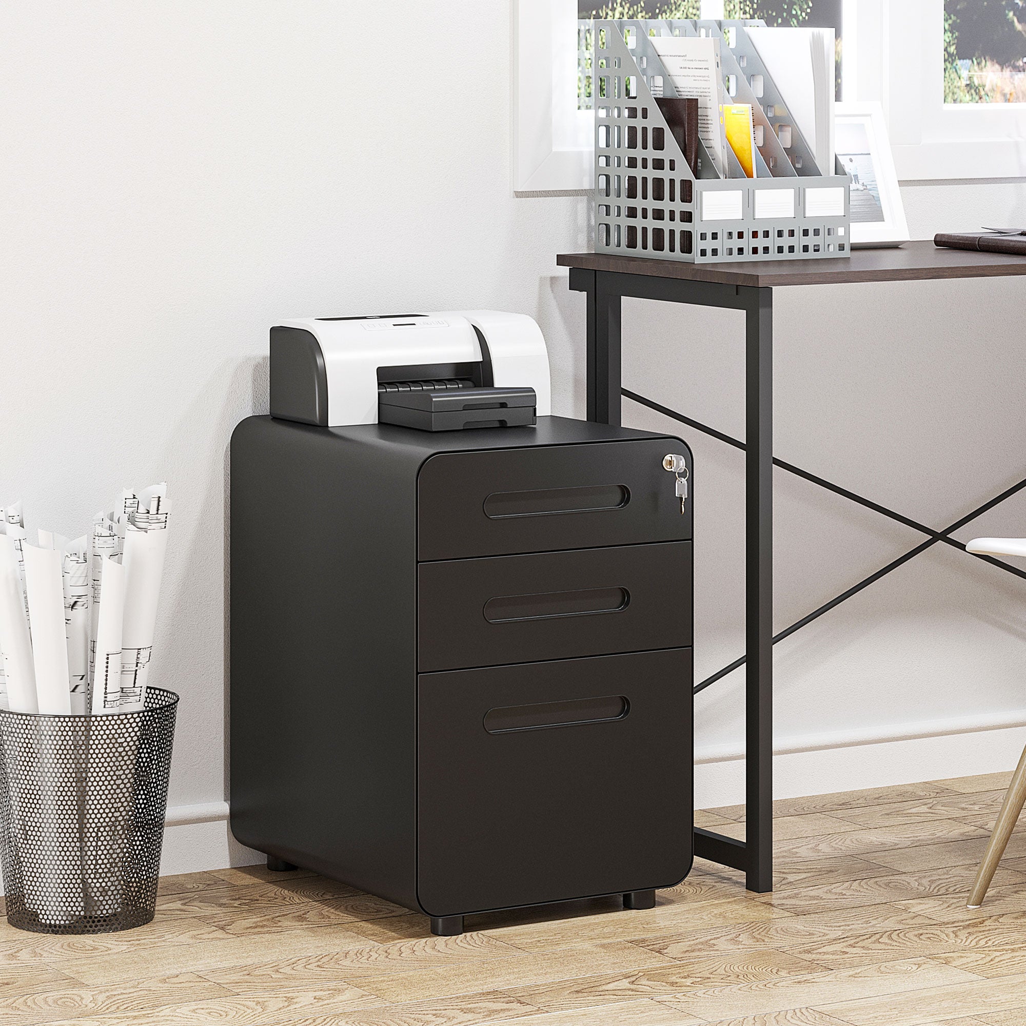 Vinsetto Lockable File Cabinet with 3 Drawers, Vertical Office Drawer for A4, Letter, Legal Size, Anti-tilt Design, Pre-Assembled Body, Black - North Peak Garden Furniture