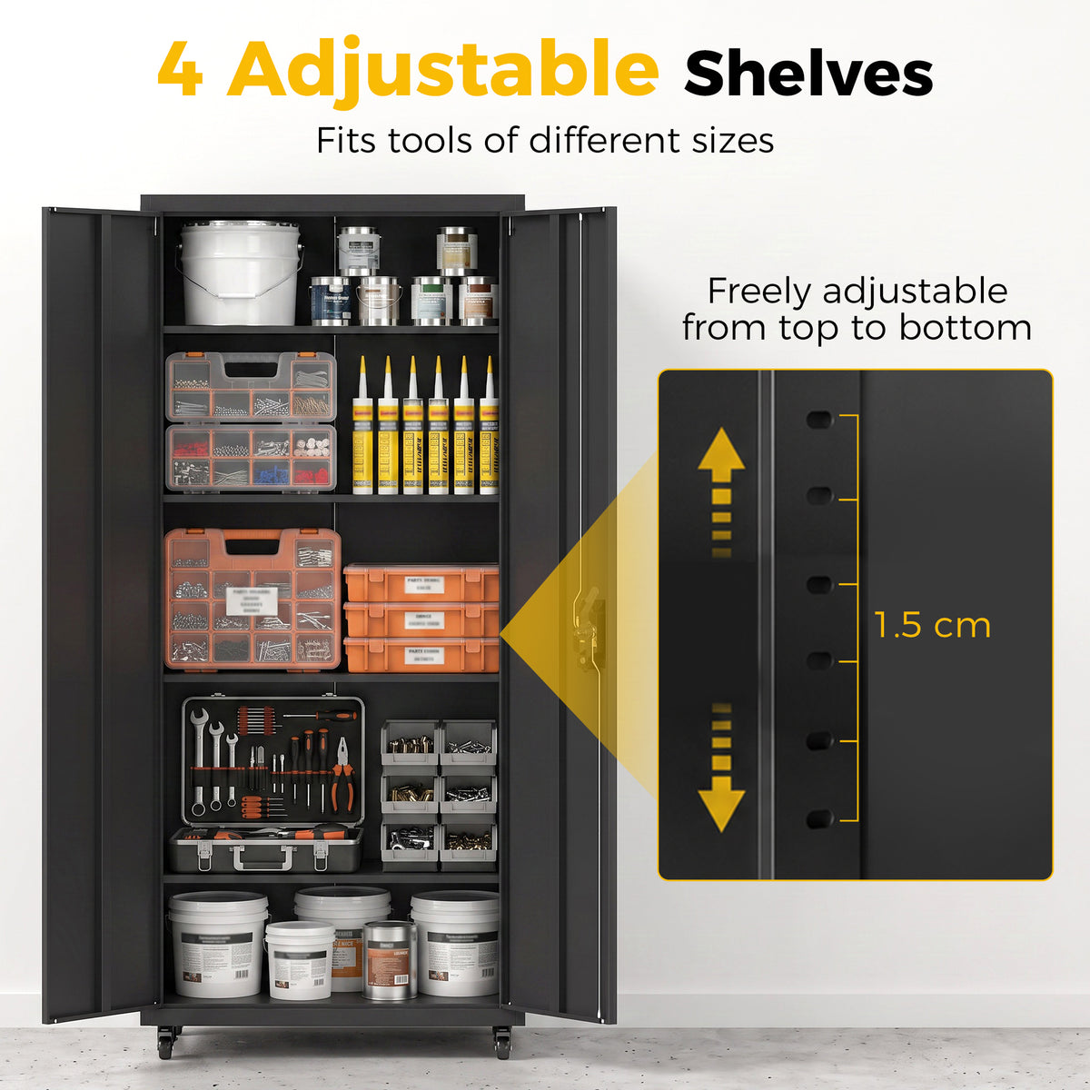 HOMCOM Metal Storage Cabinet, 180 cm Tall Lockable Steel Tool Cabinet with Removable Wheels and Adjustable Shelves, Black