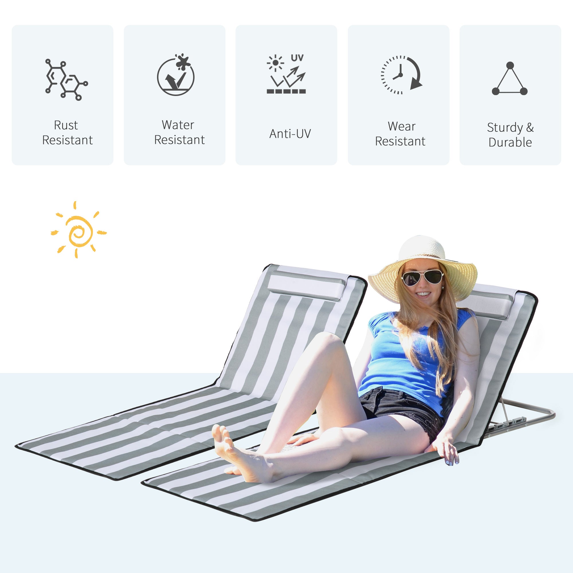 Outsunny Set of 2 Foldable Garden Beach Chair Mat Lightweight Outdoor Sun Lounger Seats Adjustable Back Metal Frame PE Fabric Head Pillow w/ Carry Bag, Light Grey - North Peak Garden Furniture