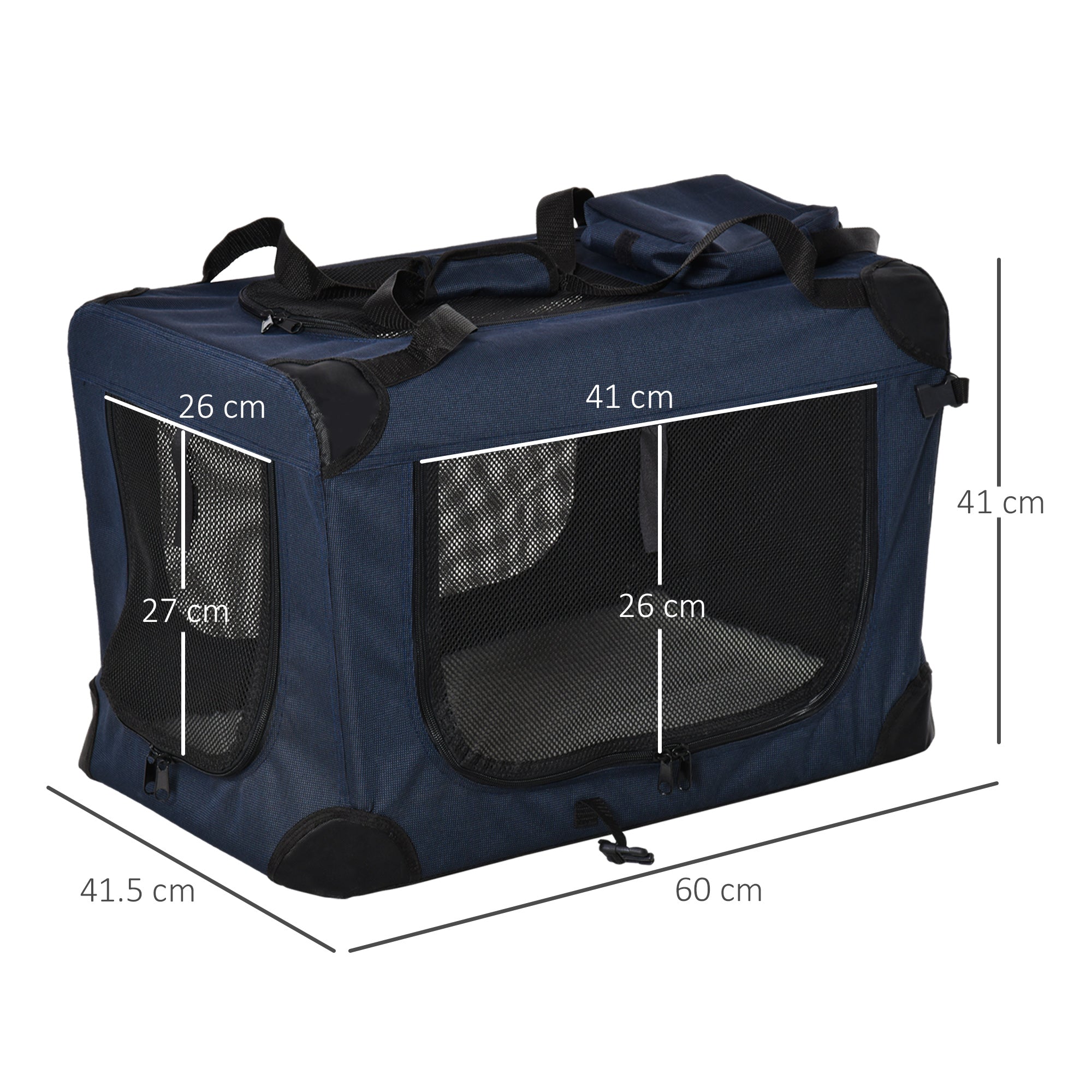 PawHut Foldable Pet Carrier for Small and Miniature Dogs, Portable Cat Carrier Soft Side Pet Travel Crate with Removable Mat, Storage Bags, Breathable Mesh 60 x 41.5 x 41cm - Dark Blue - North Peak Garden Furniture