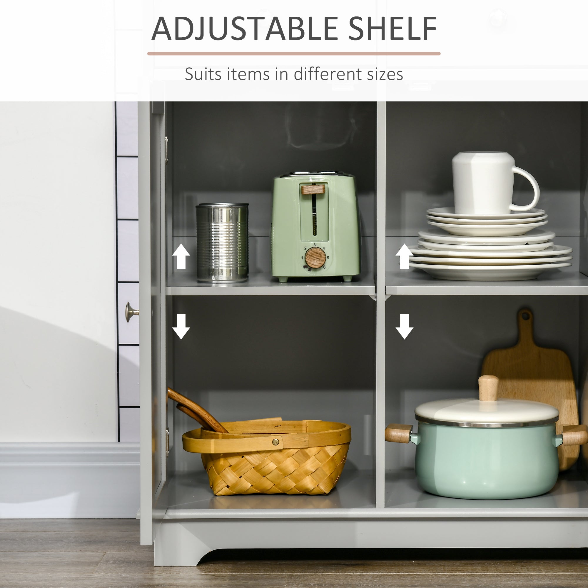 HOMCOM Sideboard with Rubberwood Top and Adjustable Shelves for Dining Room, Kitchen - Grey - North Peak Garden Furniture