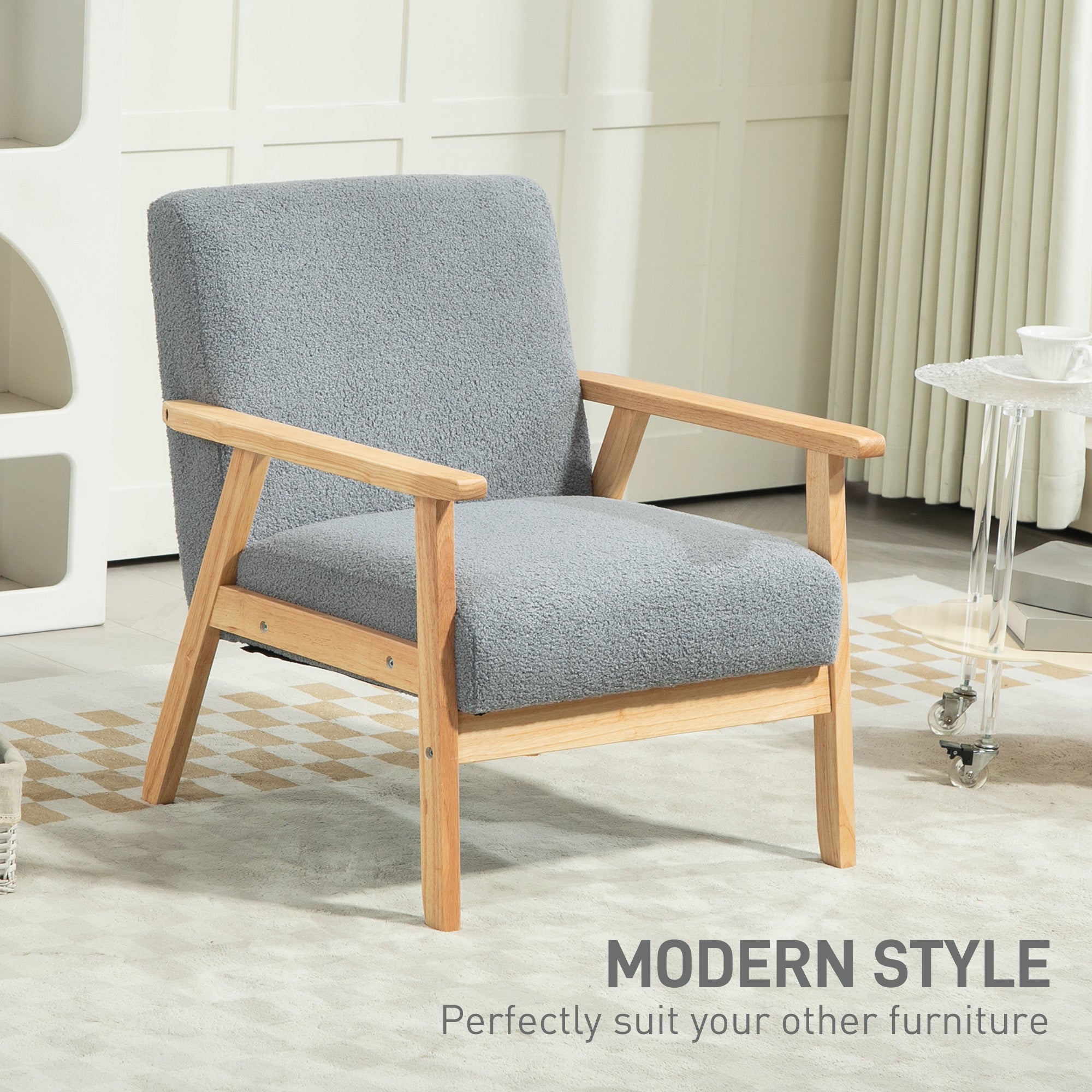 HOMCOM Accent Chair Wood Frame with Thick Cashmere Cushions Wide Seat Armchair Home Furniture Bedroom Office Grey - North Peak Garden Furniture