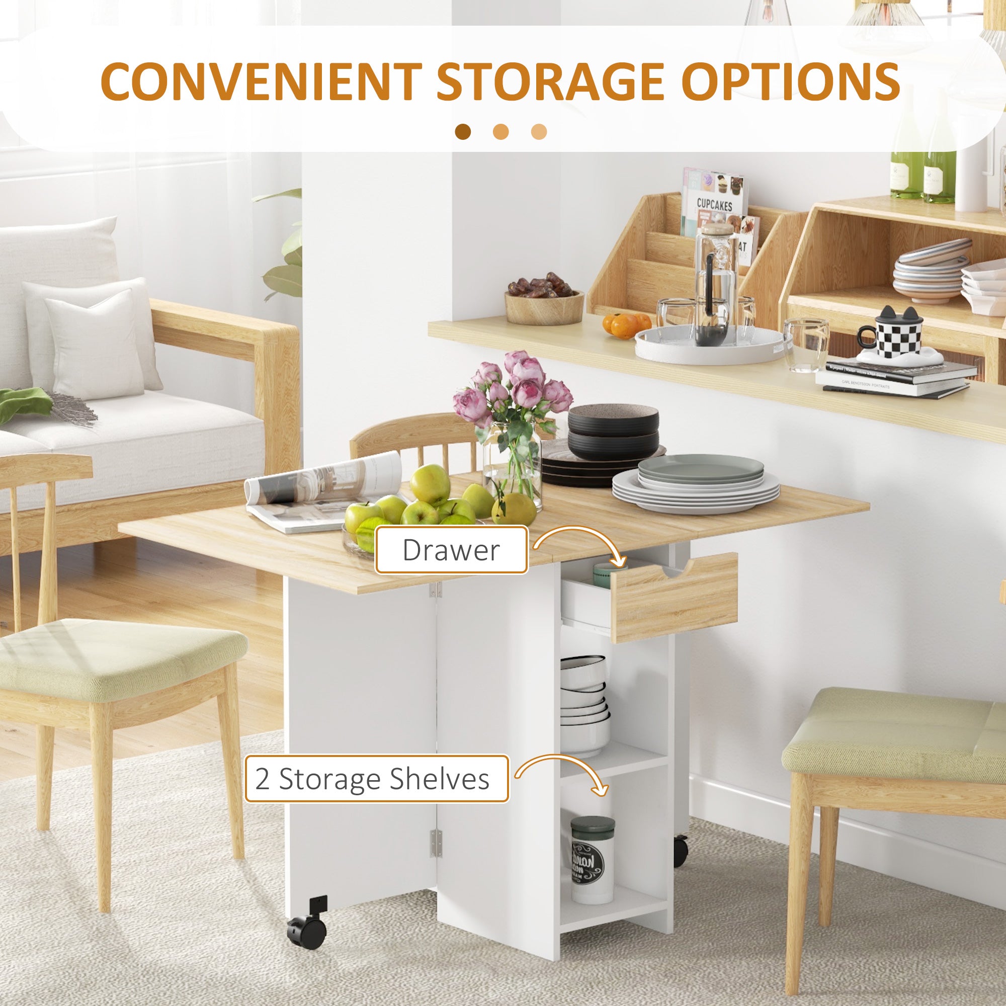 HOMCOM Folding Dining Table, Drop Leaf Table for Small Spaces, Foldable Table with Drawer and Storage Shelves for Kitchen, Dining Room, Oak - North Peak Garden Furniture