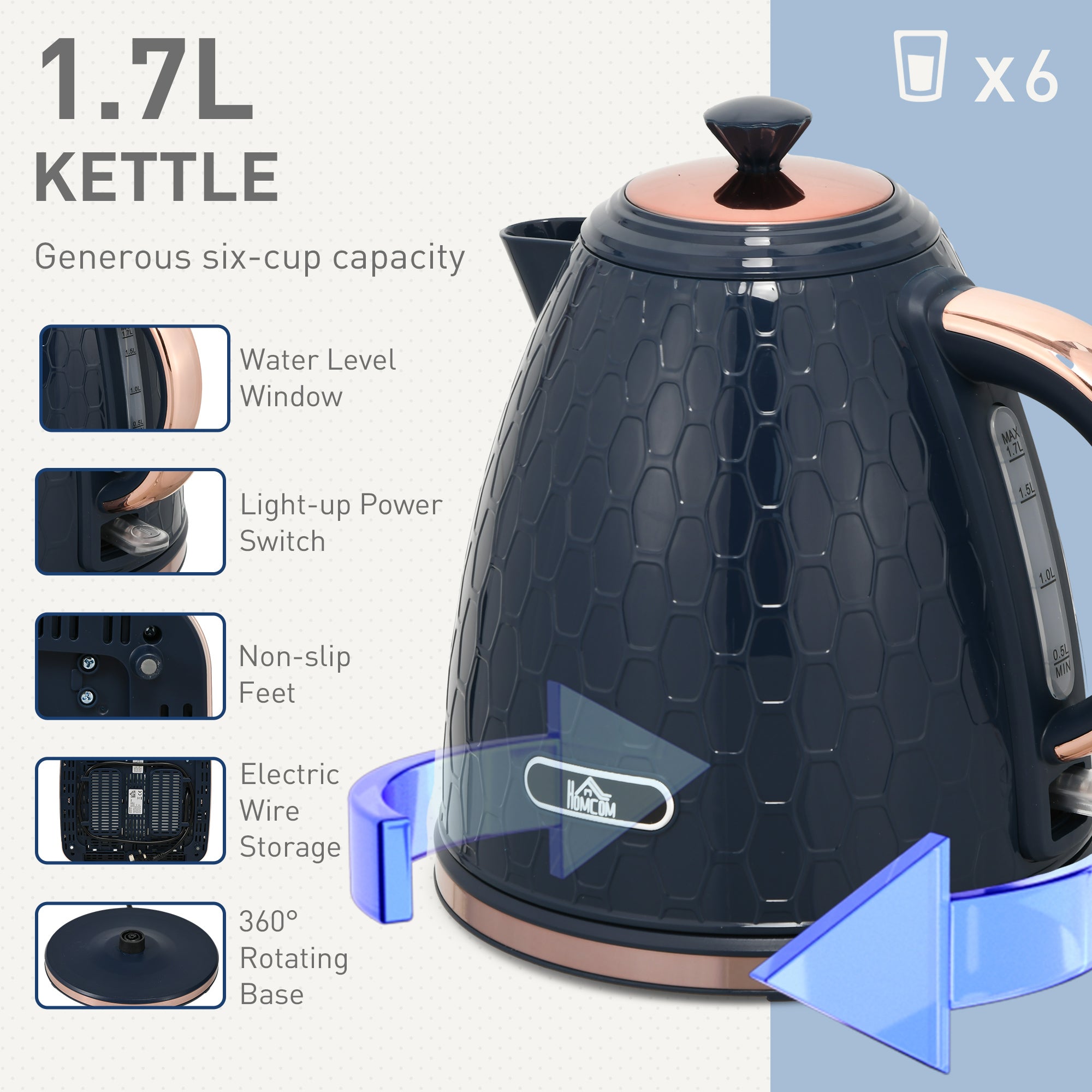 HOMCOM Kettle and Toaster Set, 1.7L 3000W Fast Boil Jug Kettle with Auto Shut Off, 4 Slice Toaster with 7 Level Browning Controls & Crumb Tray, Blue - North Peak Garden Furniture