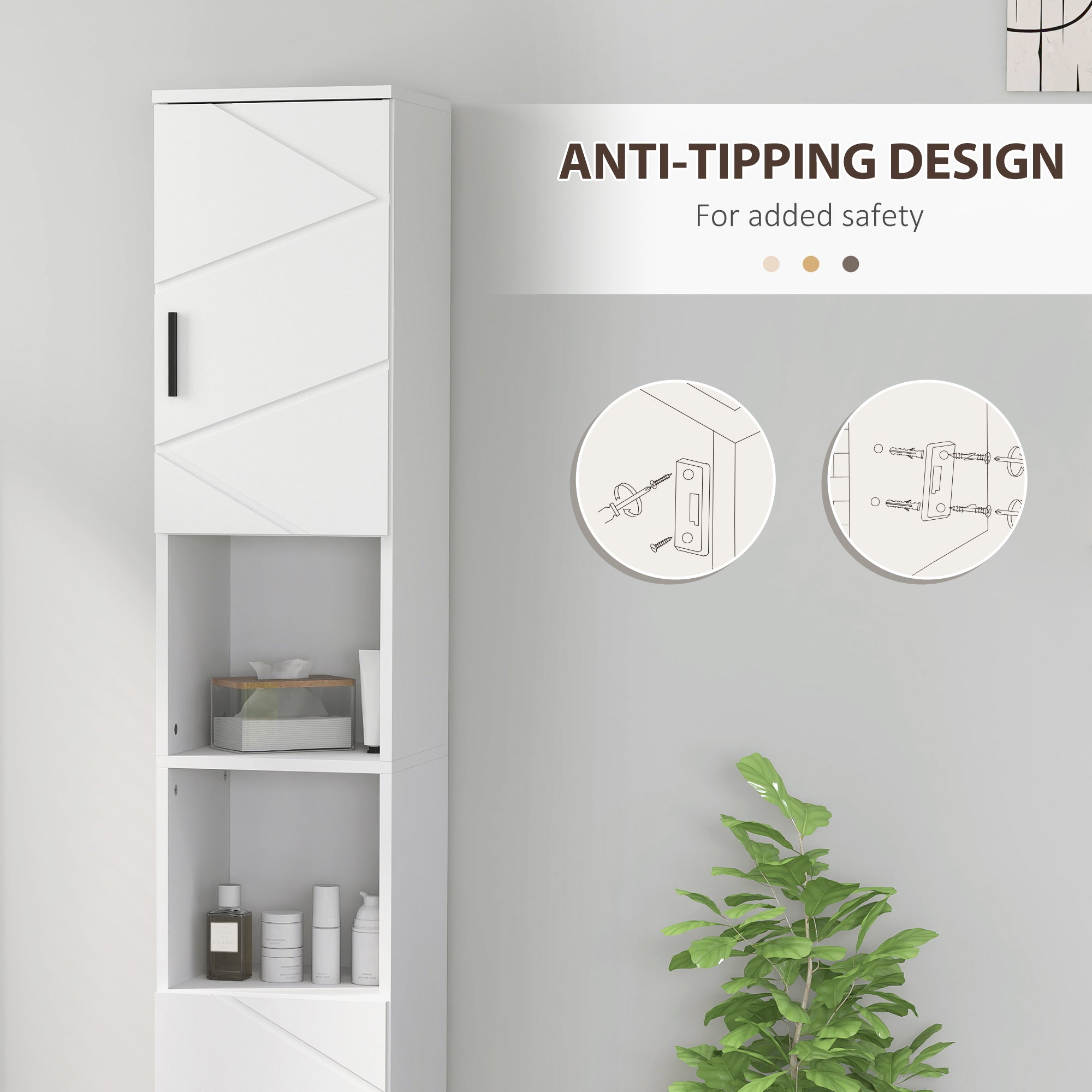 kleankin Line Embossed Tall Bathroom Storage Cabinet - White - North Peak Garden Furniture
