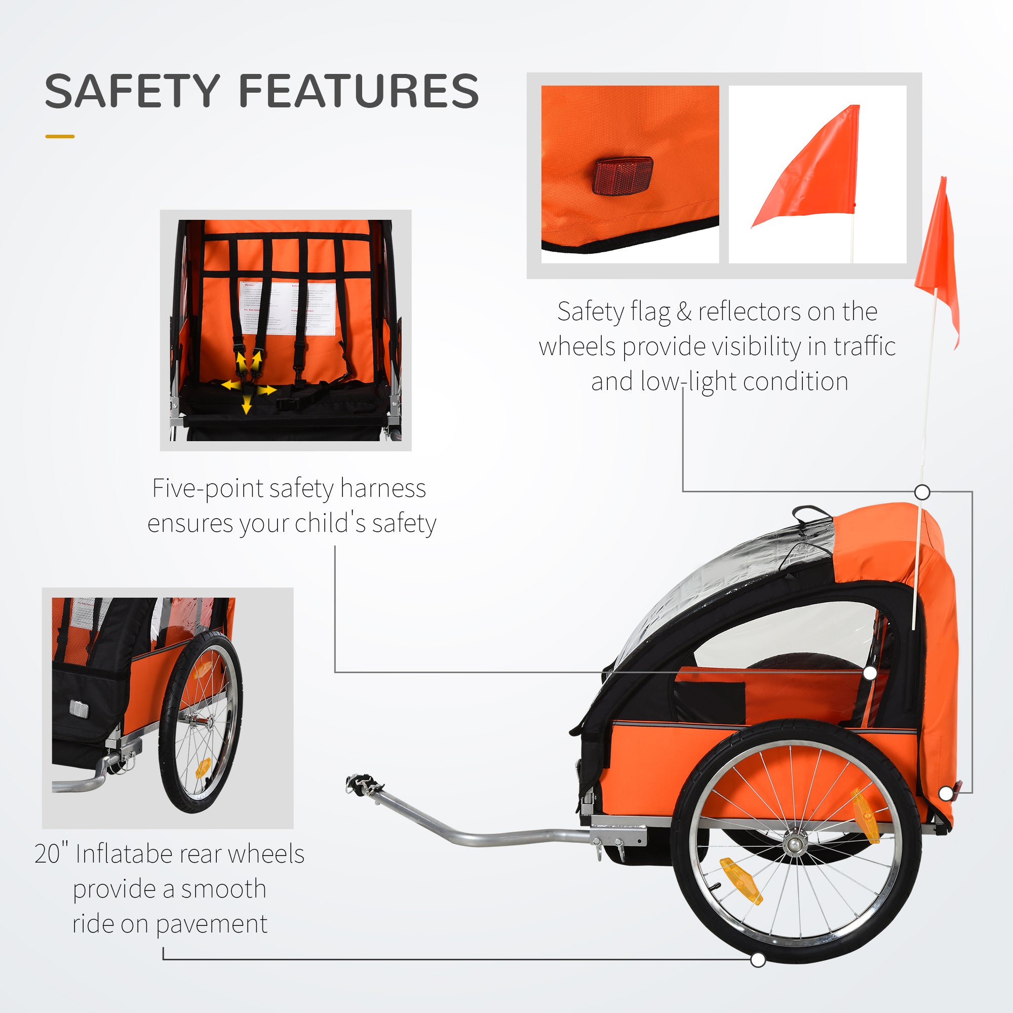 HOMCOM 2 Seat Bike Trailer Bicycle wagon for Kids Child Steel Frame Safety Harness Seat Carrier Orange Black 130 x 76 x 88 cm - North Peak Garden Furniture