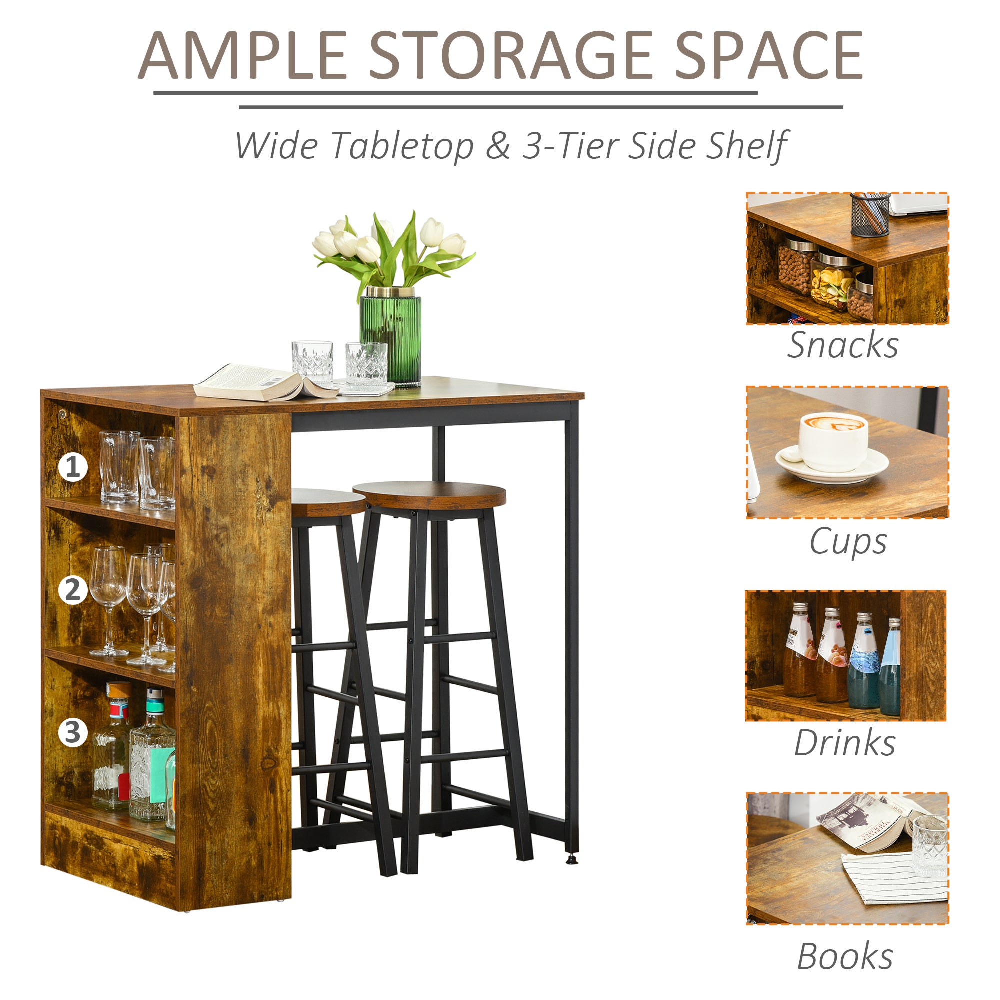 HOMCOM Industrial Bar Table Set for 2, 3 Pieces Pub Table and Bar Stools with Storage Shelf for Kitchen - North Peak Garden Furniture