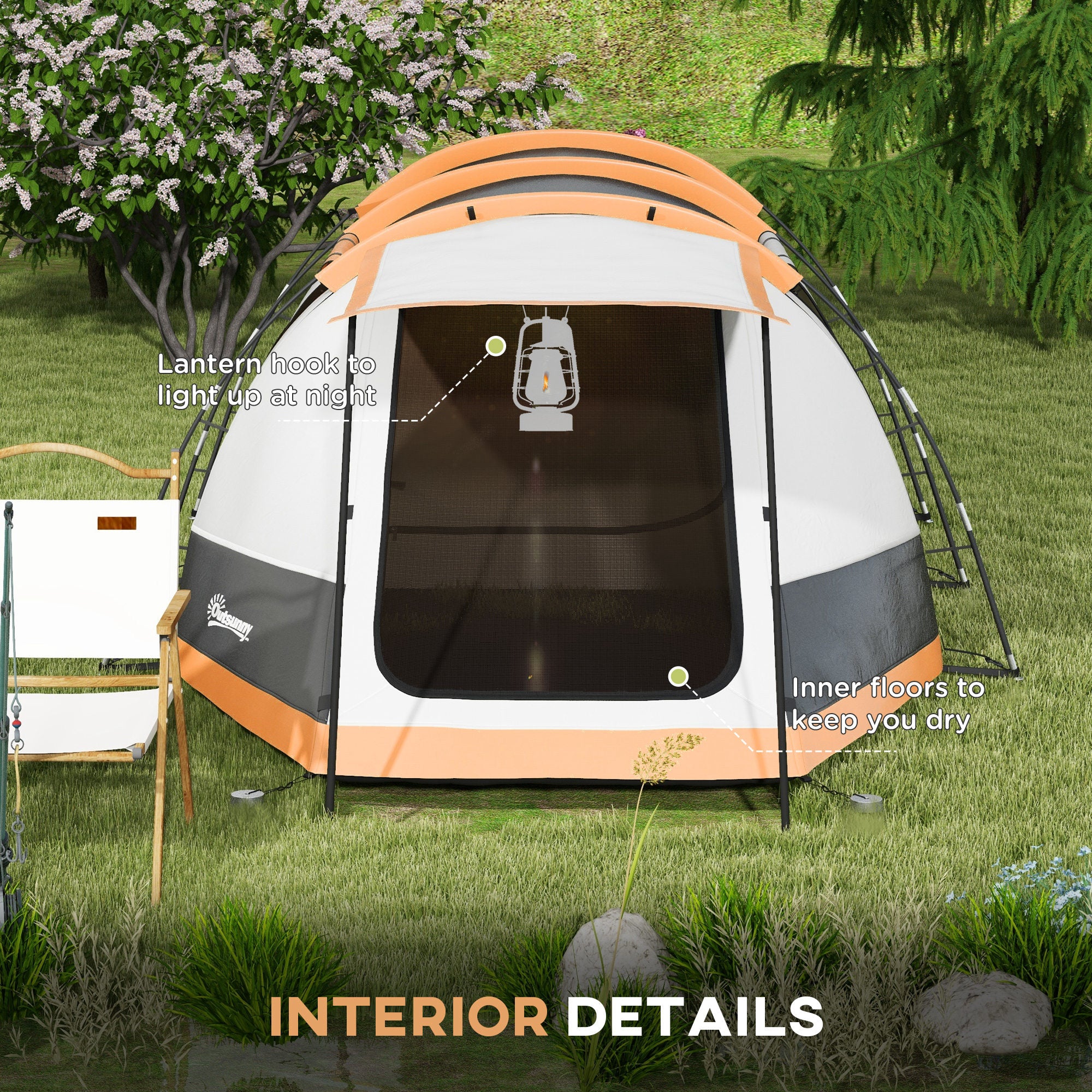 Outsunny Three-Man Camping Tent, with Two Rooms and Porch - Orange