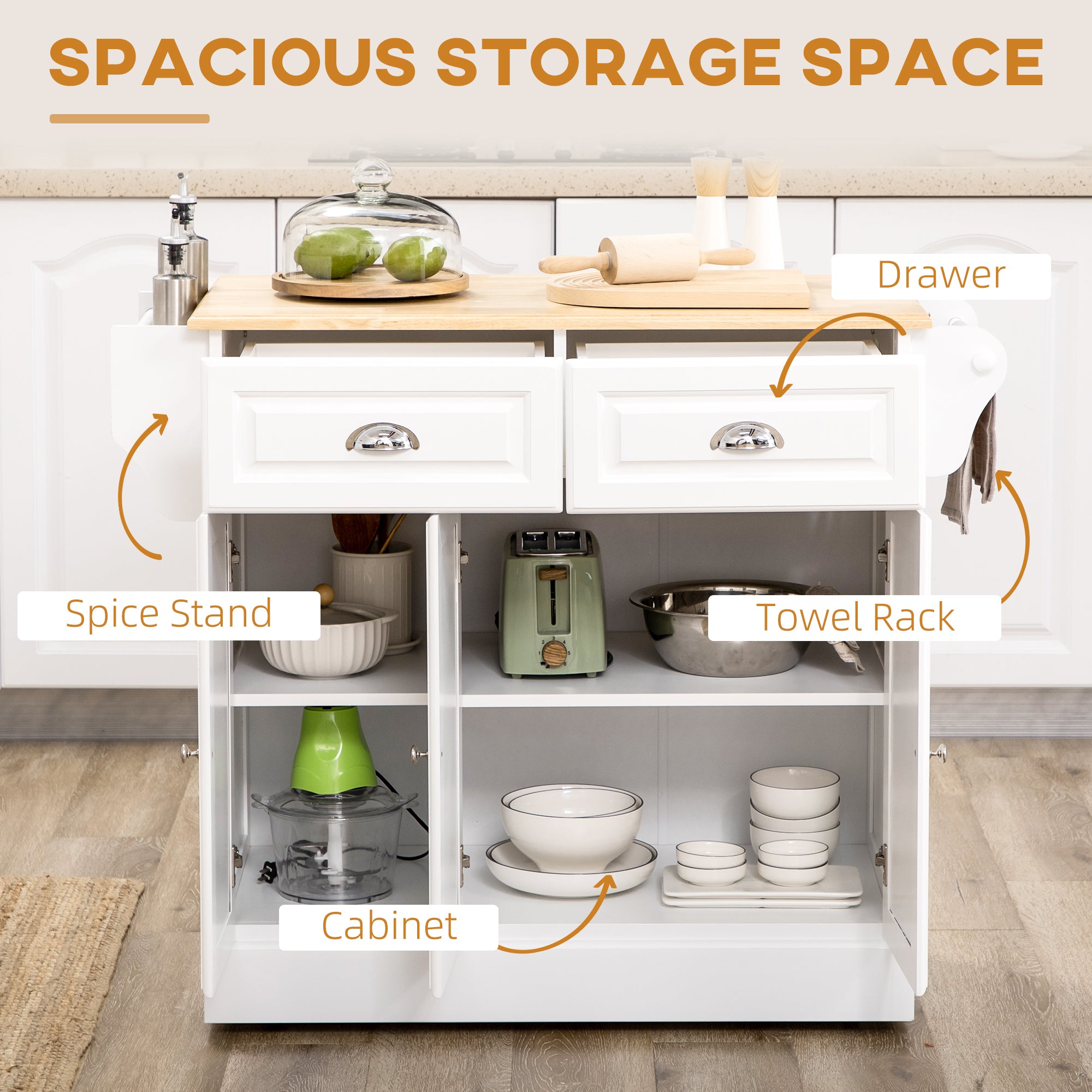 HOMCOM Kitchen Island with Storage Rolling Kitchen Serving Cart with Rubber Wood Top Towel Rack Storage Drawer Cabinet White - North Peak Garden Furniture