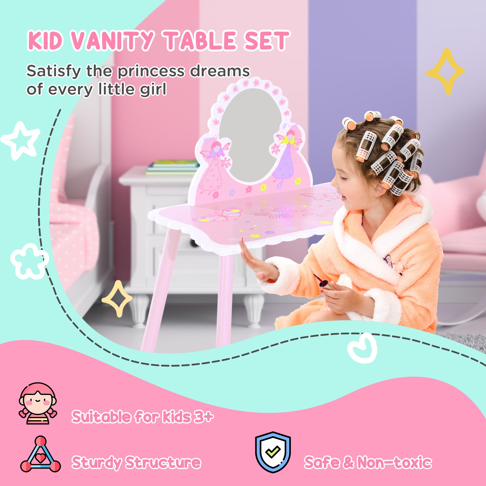 HOMCOM Kids Dressing Table Girls Pink Wooden Kids Dressing Table & Stool Make Up Desk Chair Toys Fairy Dresser Play Set w/Mirror - North Peak Garden Furniture