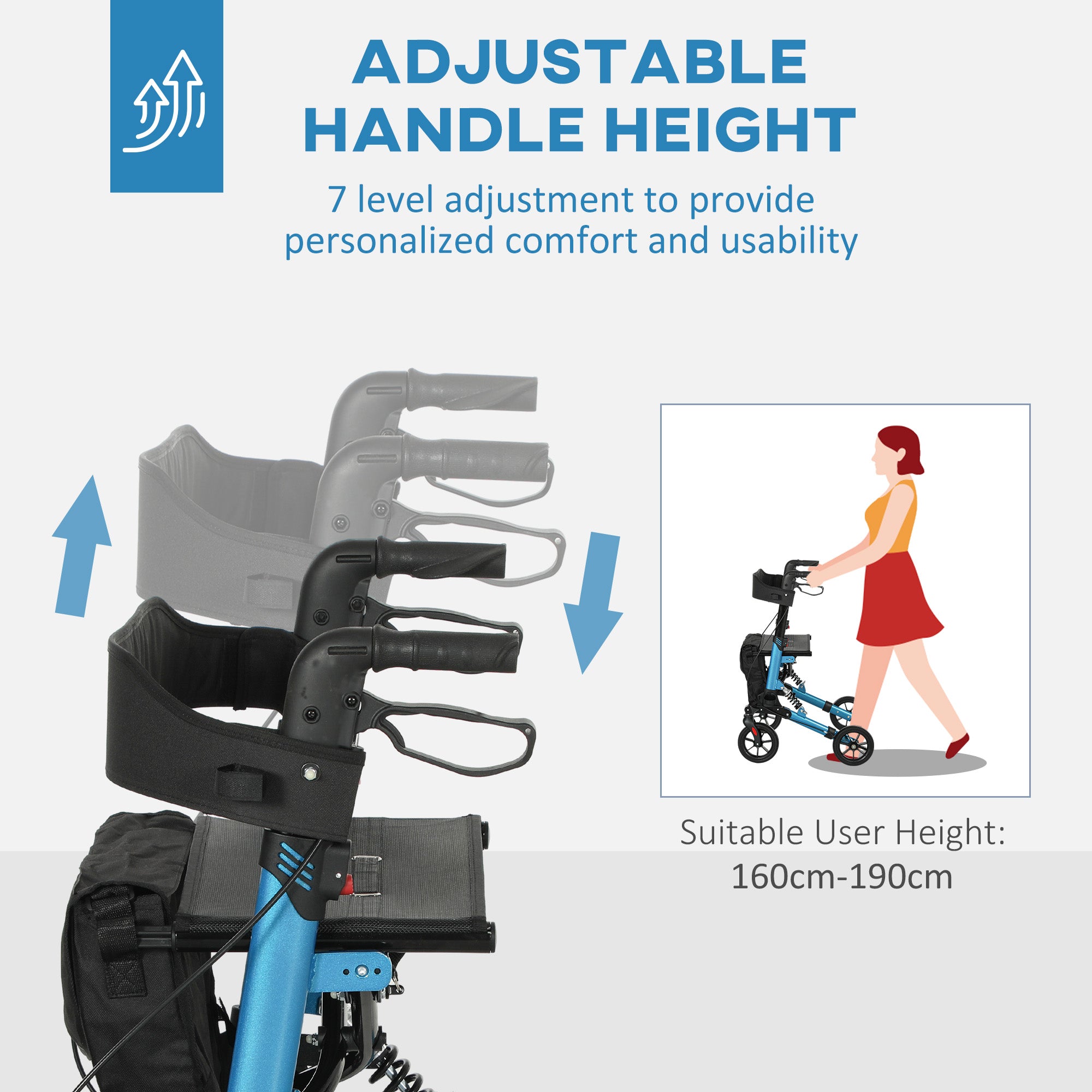 HOMCOM Folding Rollator Walker with Seat, Backrest, Lightweight Walking Frame with Storage Bag, Dual Brakes, Adjustable Handle Height, Suspension System, 4 Wheeled Walker for Seniors, Blue - North Peak Garden Furniture
