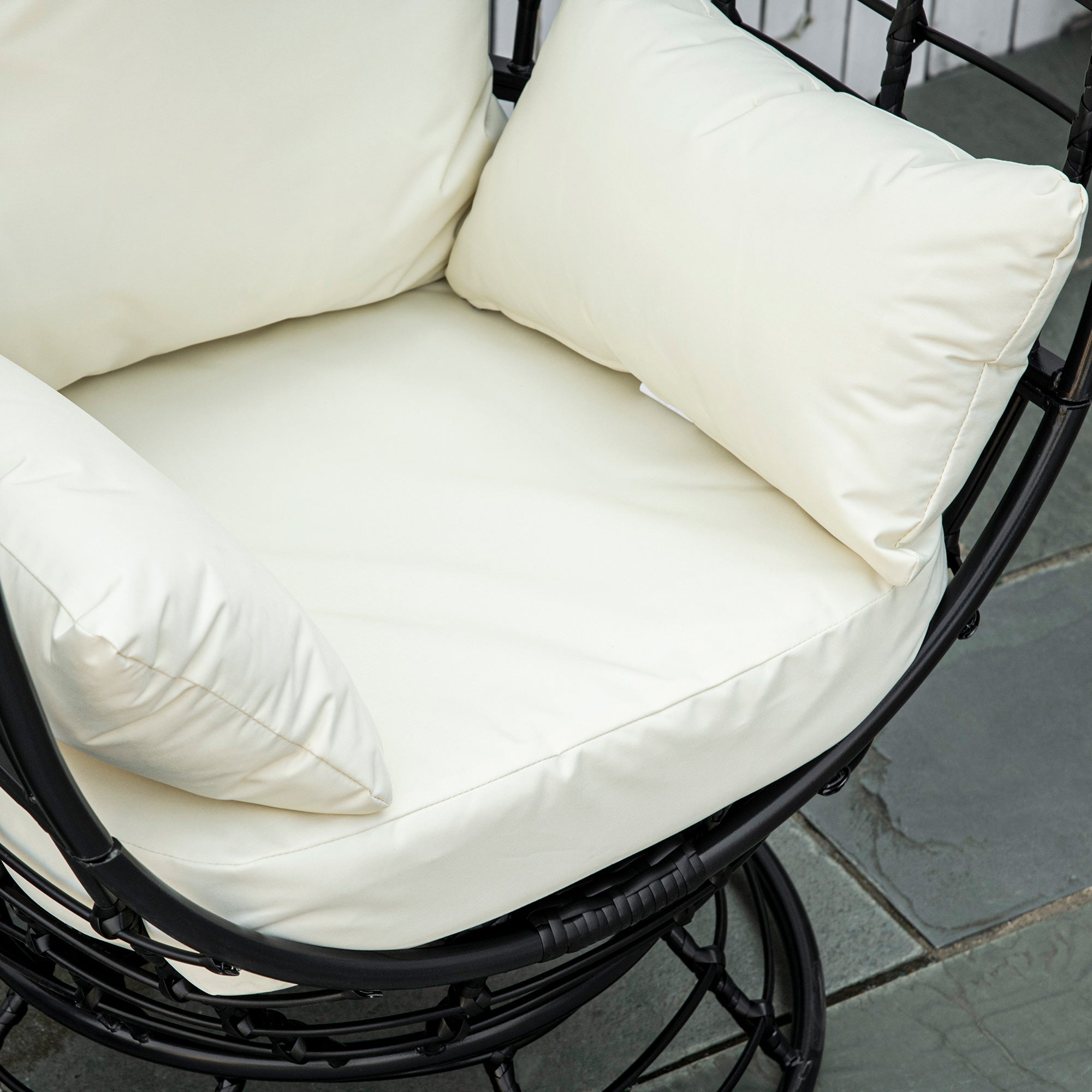 Outsunny Swivel Egg Chair, Rattan Outdoor Chair with Cushion and Pillow for Balcony, Garden, Patio, Black - North Peak Garden Furniture