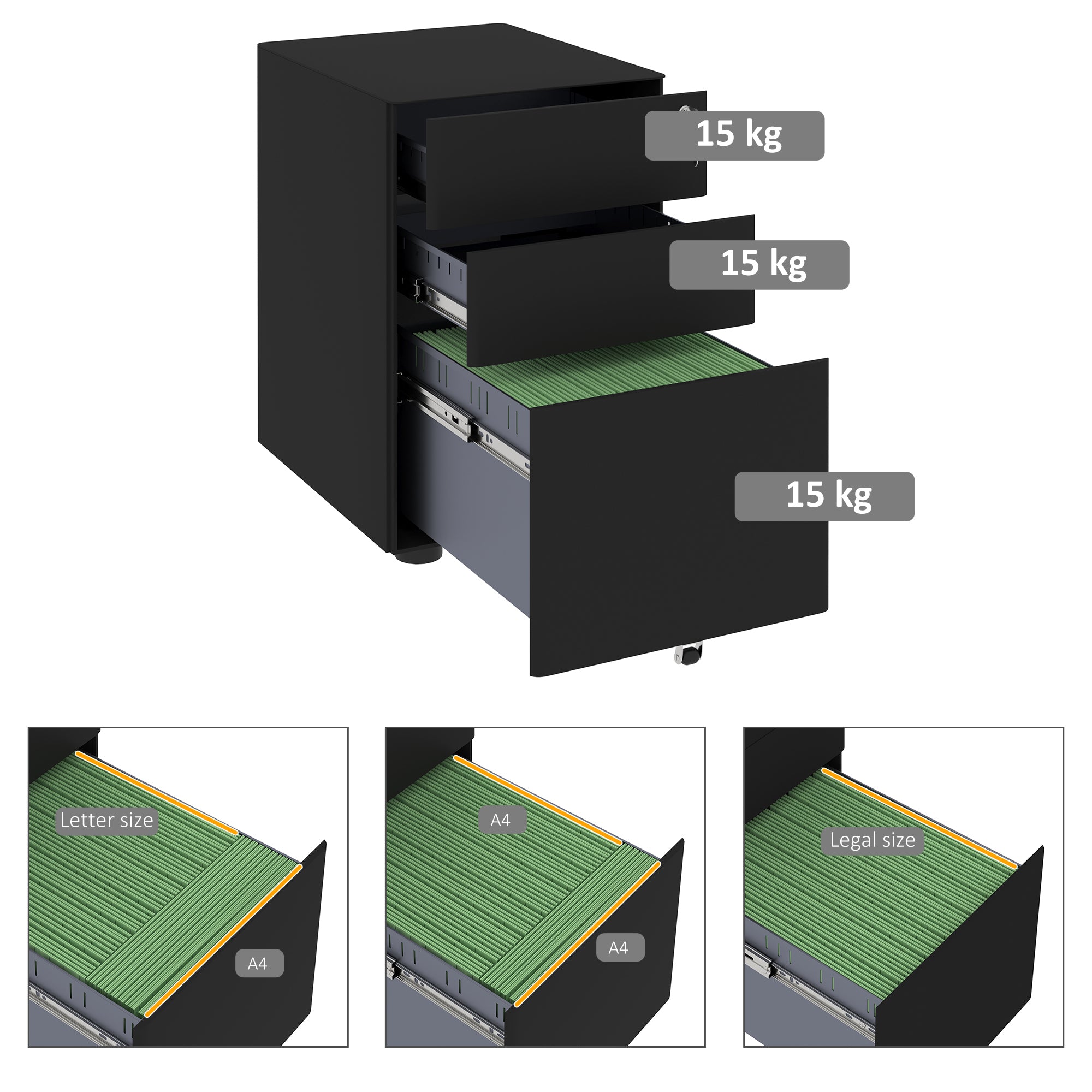 Vinsetto Lockable Cabinet, Rolling Filing Cabinet with 3 Drawers, Steel Office Drawer Unit for A4, Letter, Legal Sized Files - North Peak Garden Furniture