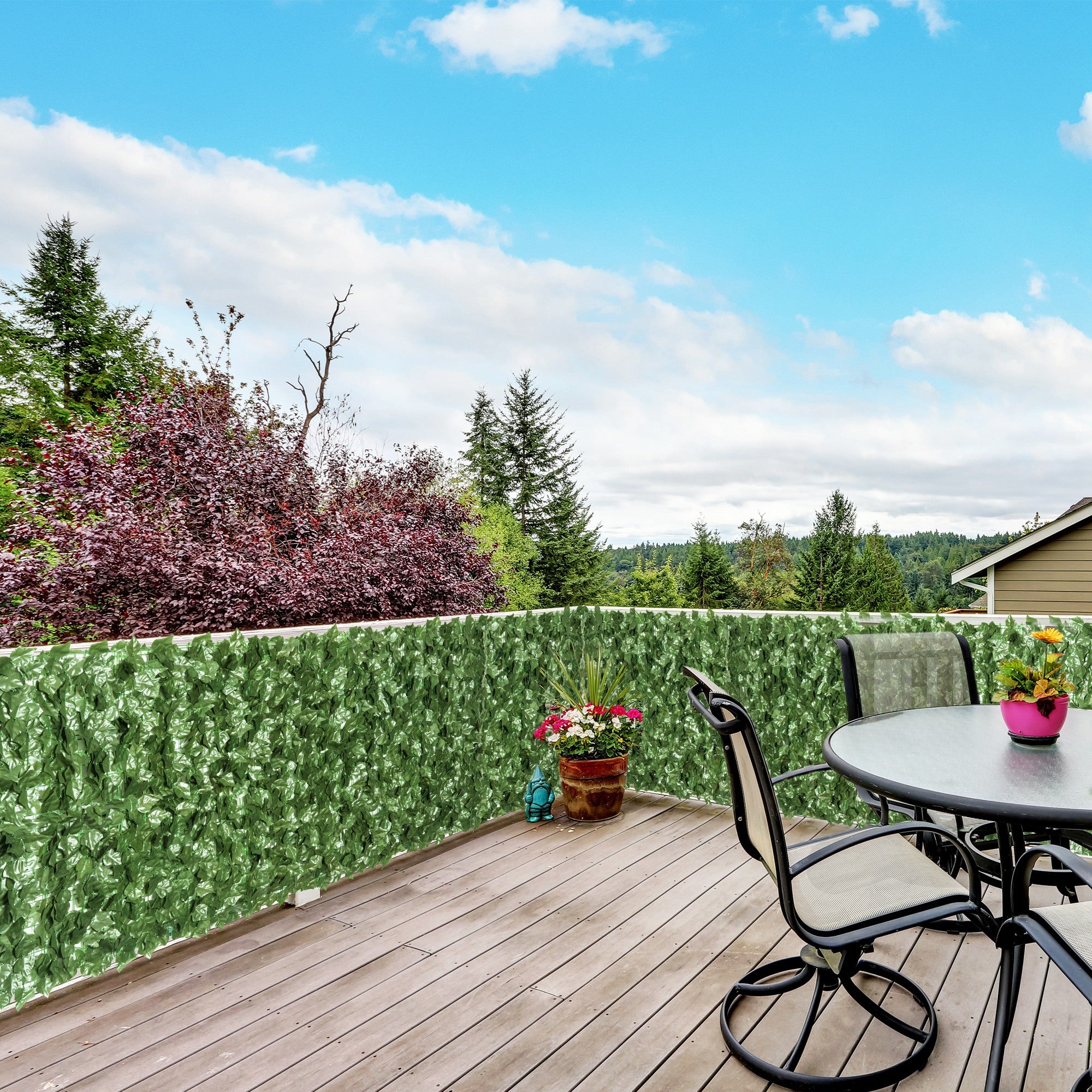 Outsunny 4-Piece Artificial Leaf Hedge Screen Privacy Fence Panel for Garden Outdoor Indoor Decor, Dark Green, 2.4M x 1M - North Peak Garden Furniture