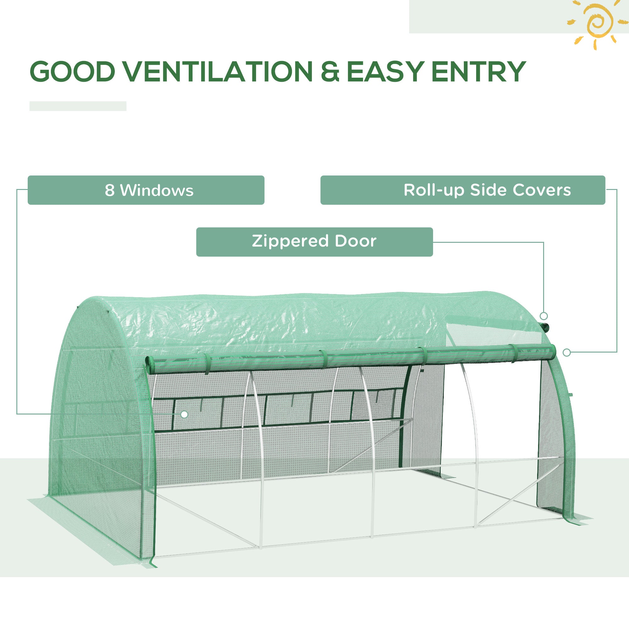 Outsunny Polytunnel Greenhouse Walk-in Grow House Tent with Roll-up Sidewalls, Zipped Door and 8 Windows, 4x3x2m Green - North Peak Garden Furniture