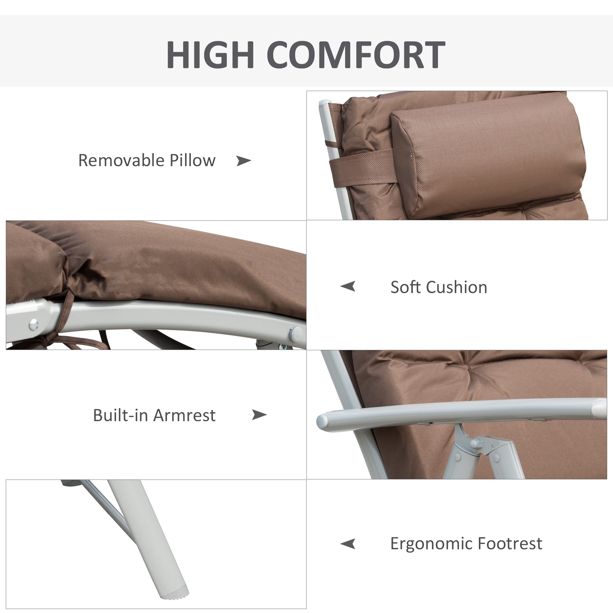 Outsunny Sun Lounger Steel Frame Outdoor Folding Chaise Texteline Lounge Chair Recliner with Headrest & 7 Levels Adjustable Backrest, Brown - North Peak Garden Furniture