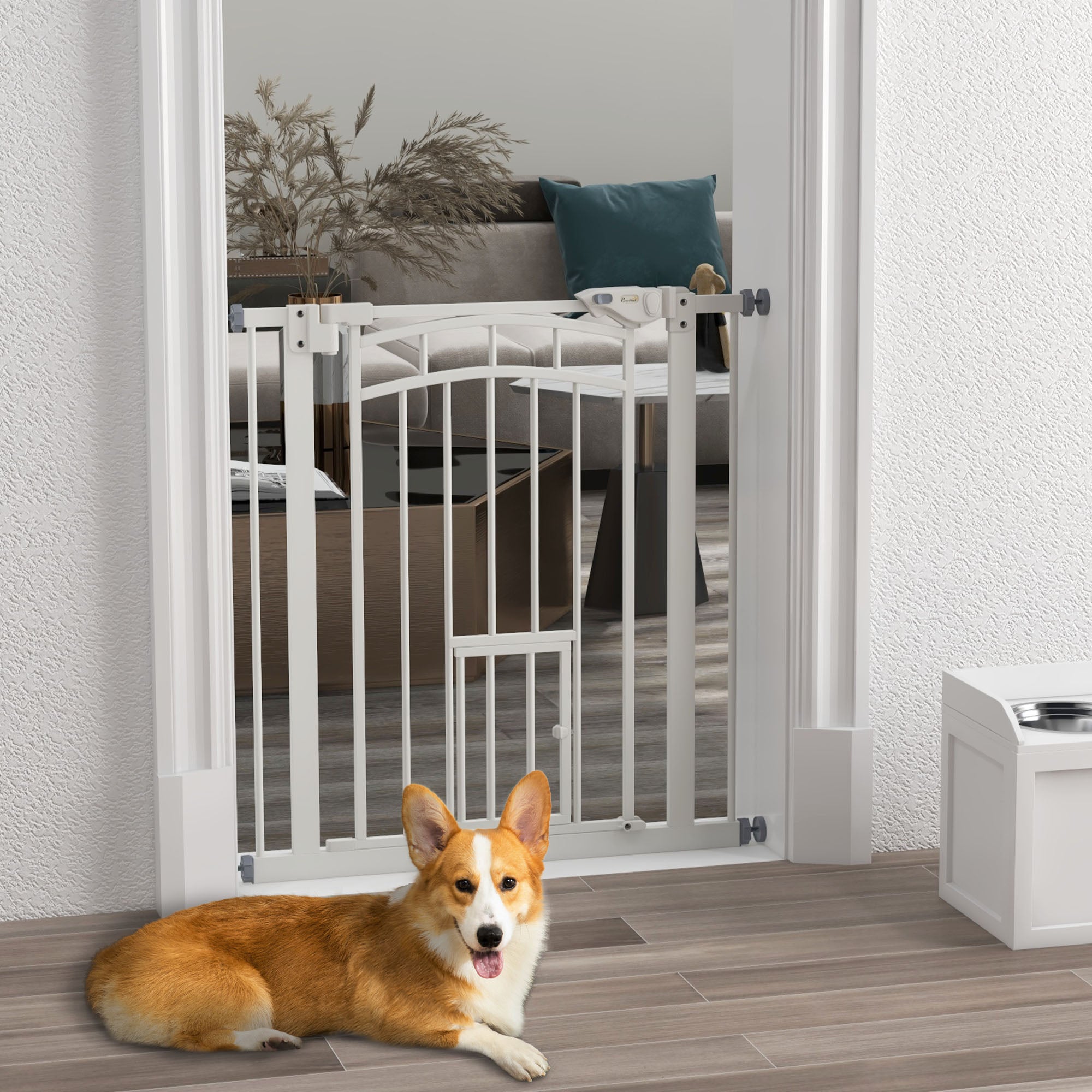 PawHut Pressure Fit Stair Gate, Dog Gate w/ Small Cat Door, Auto Closing System, Double Locking Openings, 74-80cm - White - North Peak Garden Furniture