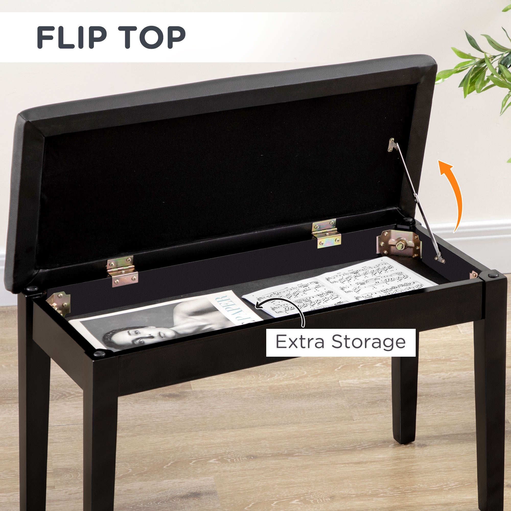 HOMCOM Classic Piano Bench Stool, PU Leather Padded Keyboard Stool with Rubber Wood Legs and Music Storage Compartment, Black - North Peak Garden Furniture