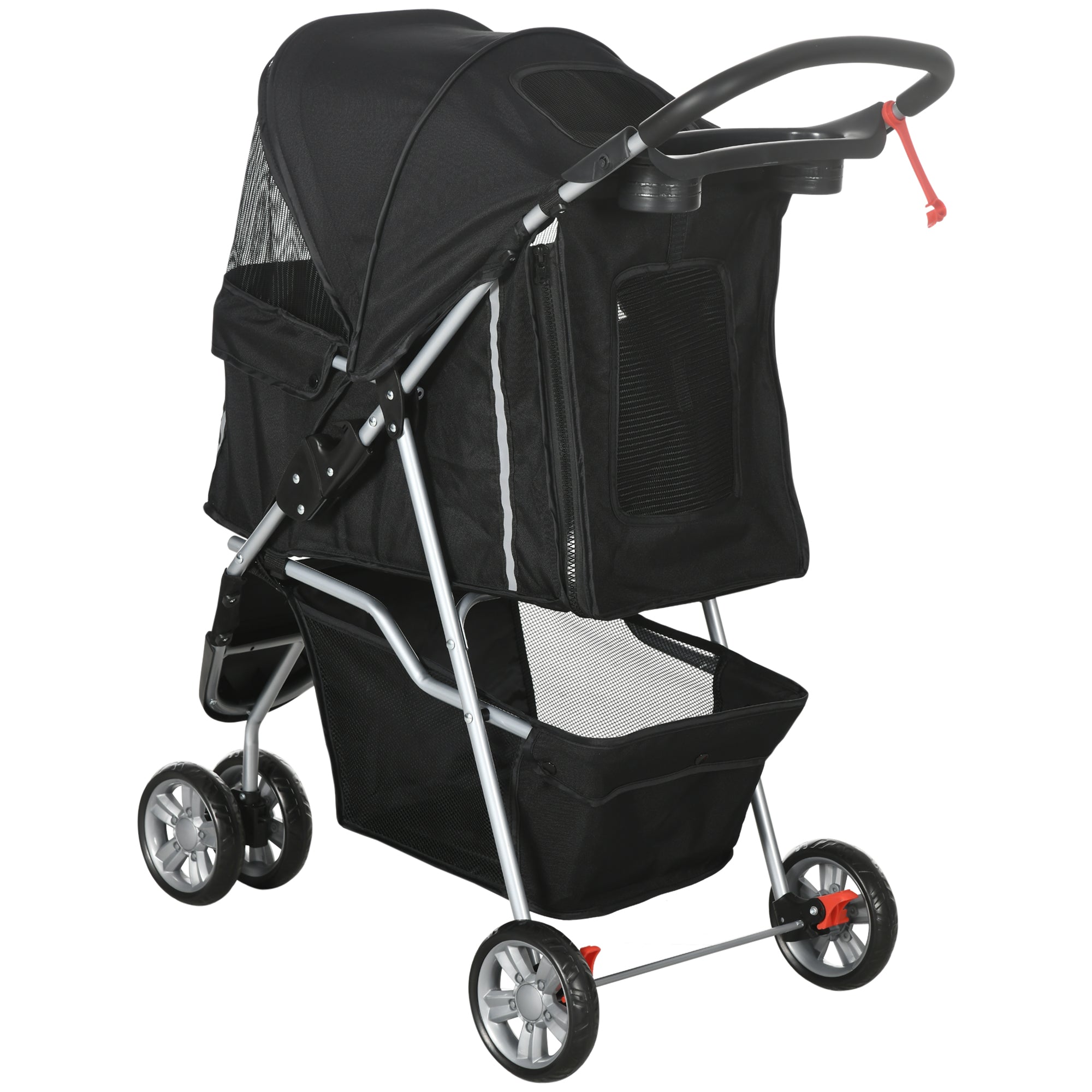 PawHut Dog Stroller, 3 Wheels Foldable Cat Dog Pram with Cup Holder, Storage Basket, Pet Stroller for Small Miniature Dogs, Black - North Peak Garden Furniture
