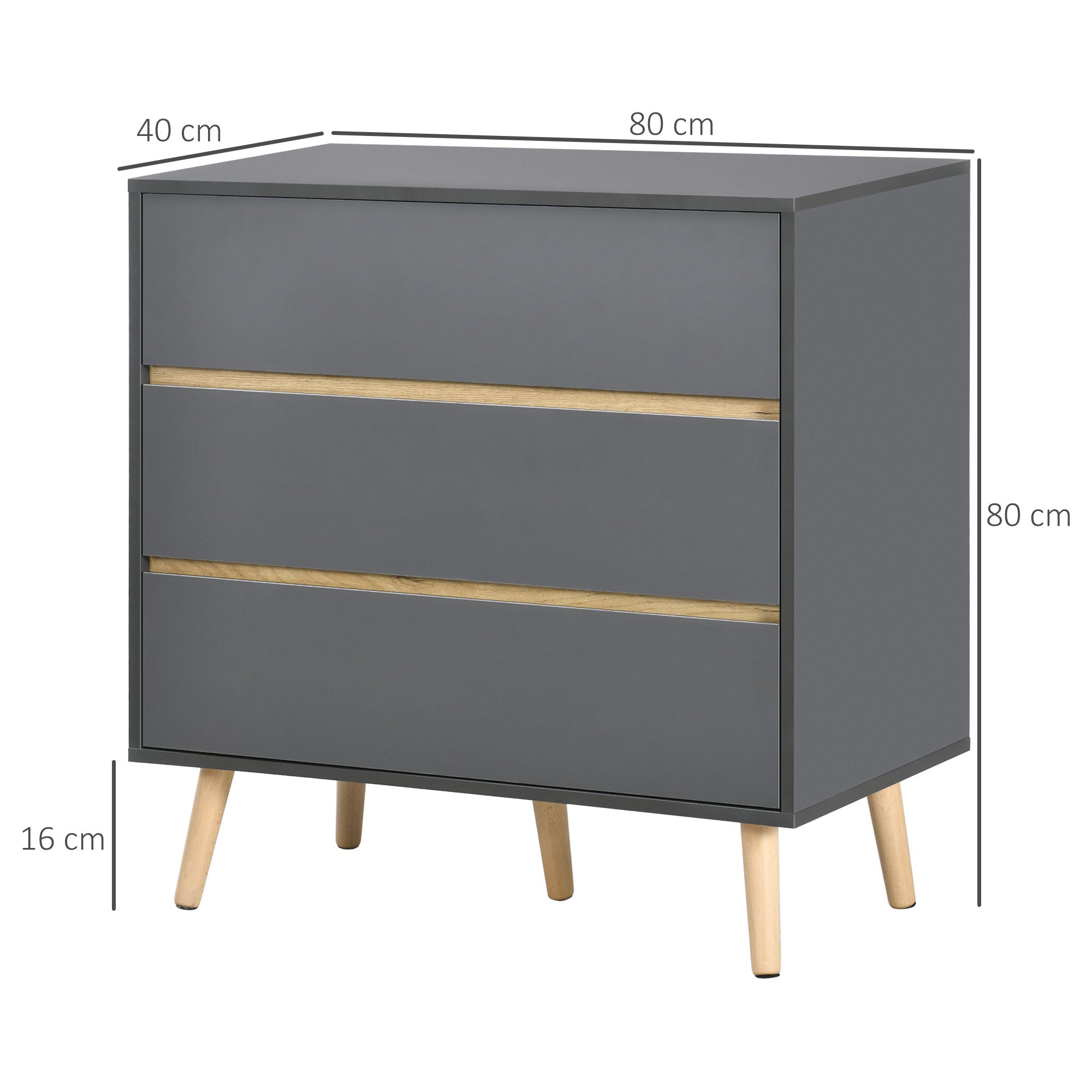HOMCOM Drawer Chest, 3-Drawer Storage Organiser for Bedroom, Living Room, 80cmx40cmx80cm, Dark Grey - North Peak Garden Furniture