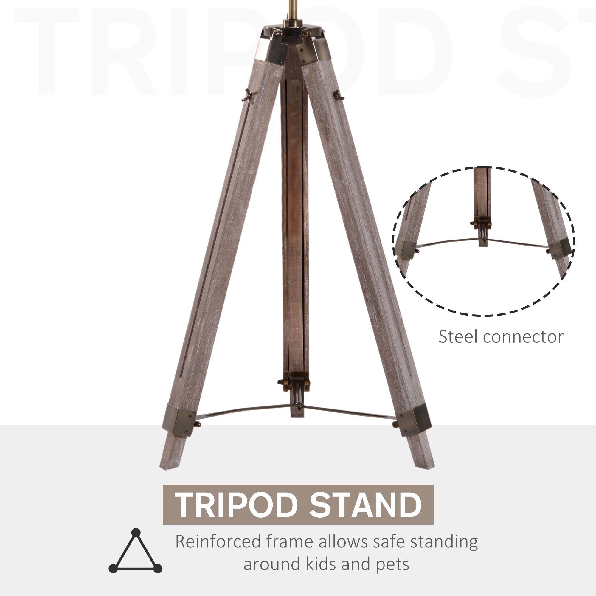 HOMCOM Industrial Tripod Floor Lamp, Nautical Searchlight with Adjustable Height, Wood Legs, E12 Lamp Base for Living Room, Bedroom, Grey and Bronze - North Peak Garden Furniture