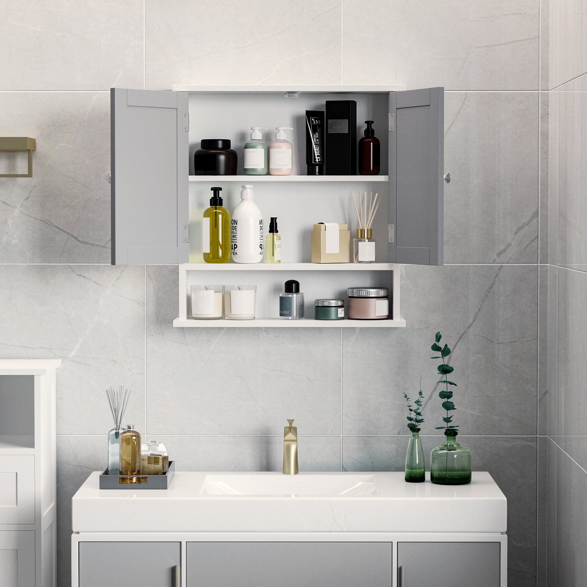 kleankin Mirror Cabinet Wall Mounted with Double Mirrored Doors, Hanging Cabinet with Cupboard and Shelf, Bathroom Wall Storage Organizer, Grey - North Peak Garden Furniture