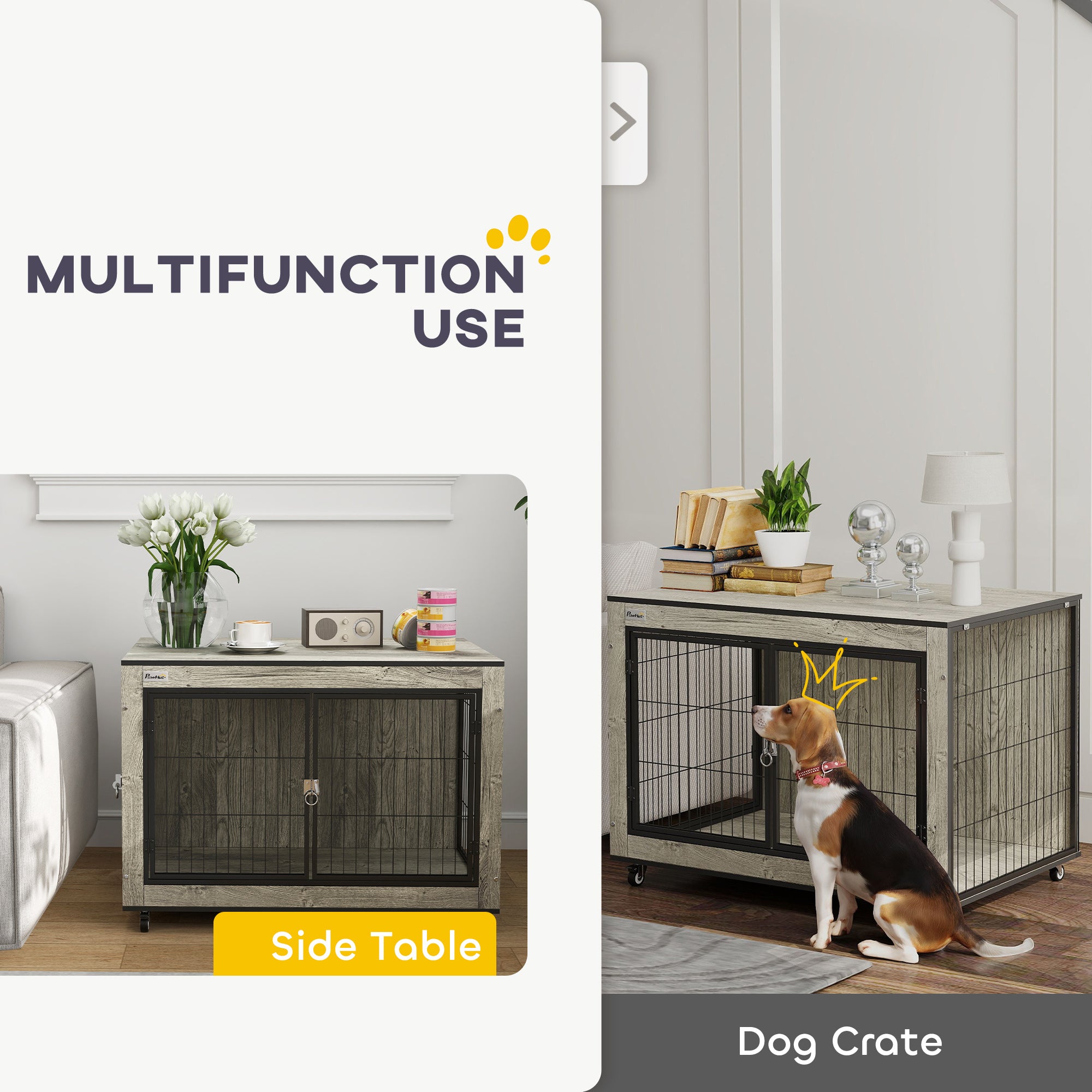 PawHut Dog Crate Furniture with Wheels, Double Doors, for Medium Dogs, 80 x 56 x 62.5cm, Grey - North Peak Garden Furniture