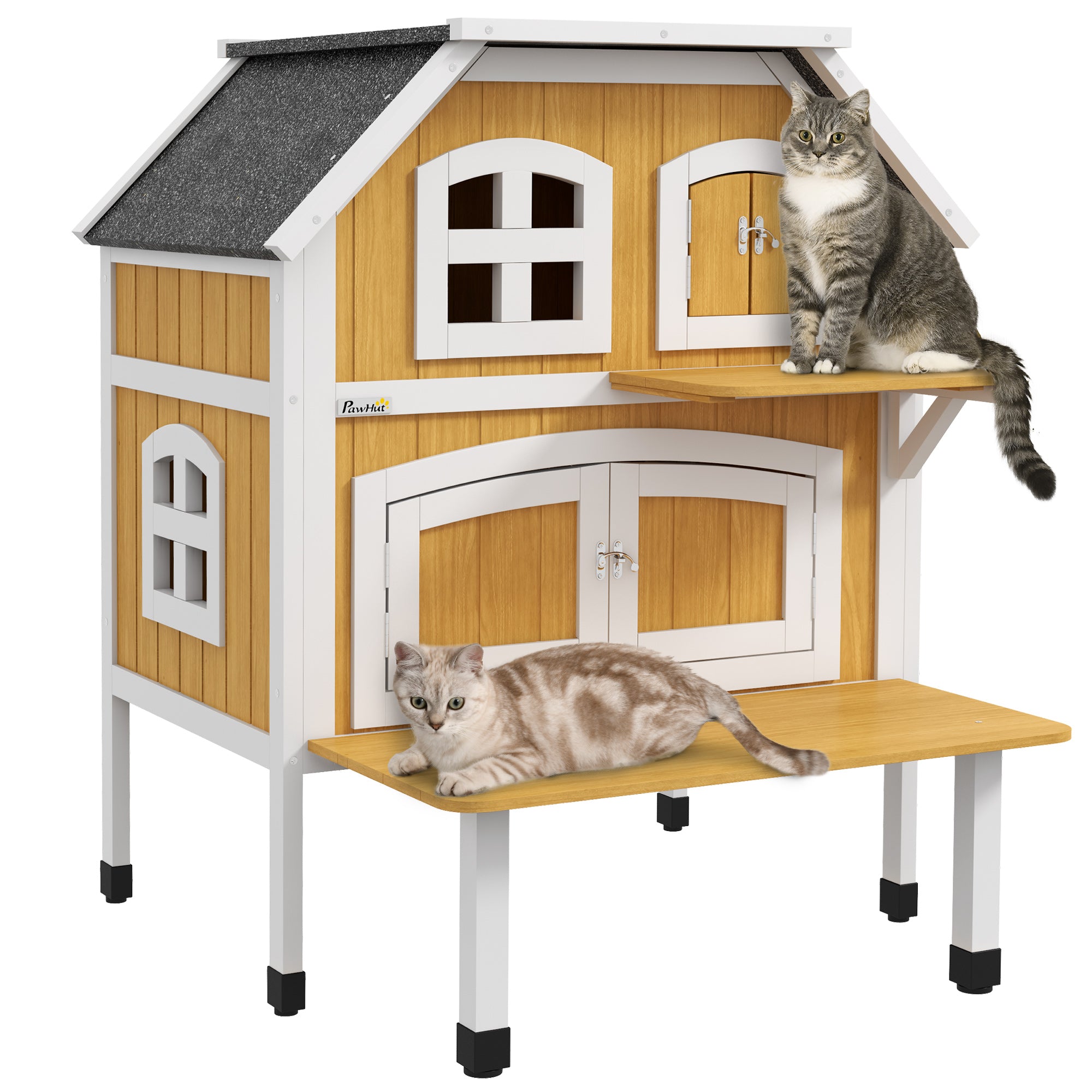 PawHut Outdoor Cat Shelter 2 Tiers Wooden Feral Cat House with Openable Asphalt Roof, Escape Doors, Terrace, for 1-2 Cats - North Peak Garden Furniture