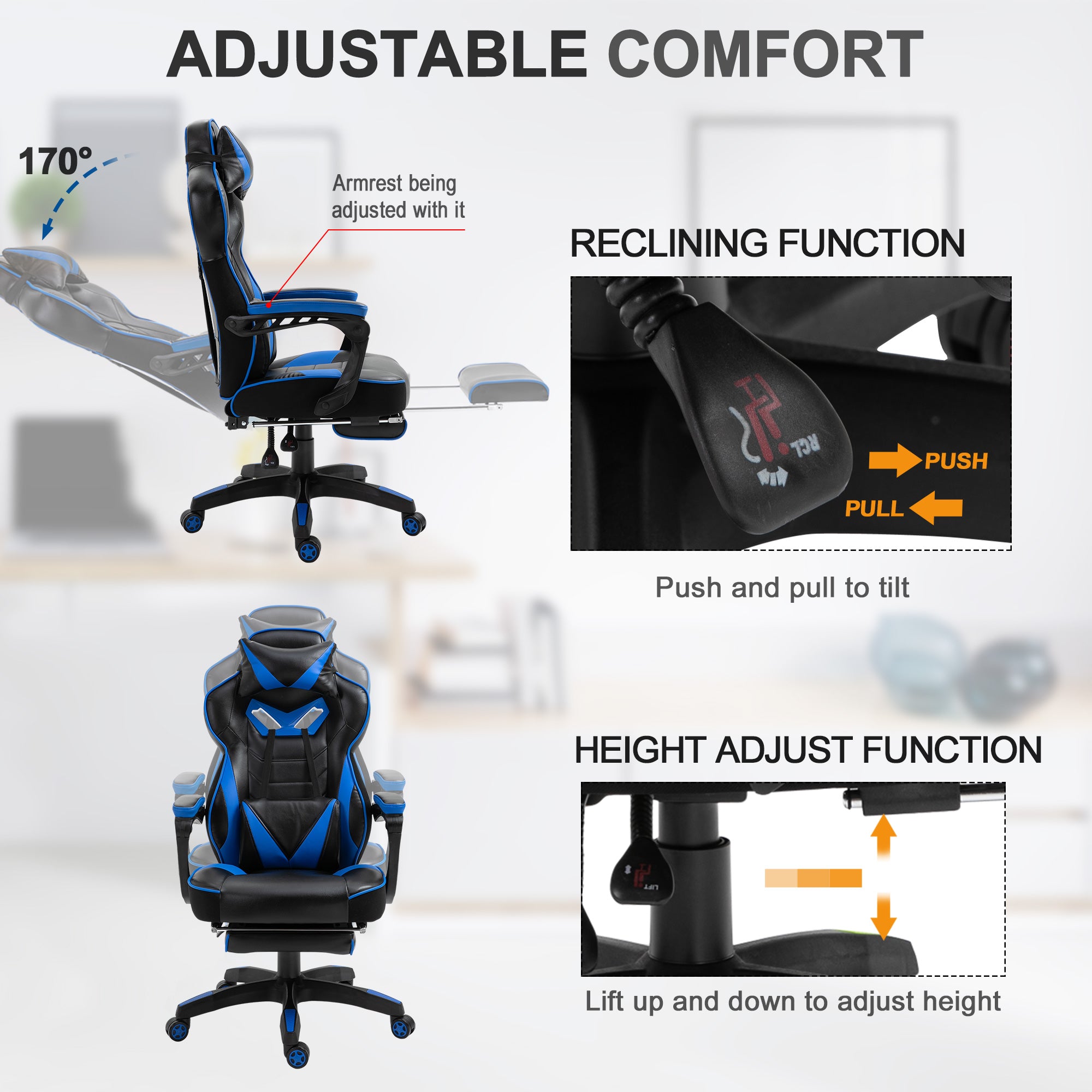 Vinsetto Faux Leather Reclining Gaming Chair, with Footrest - Blue/Black - North Peak Garden Furniture