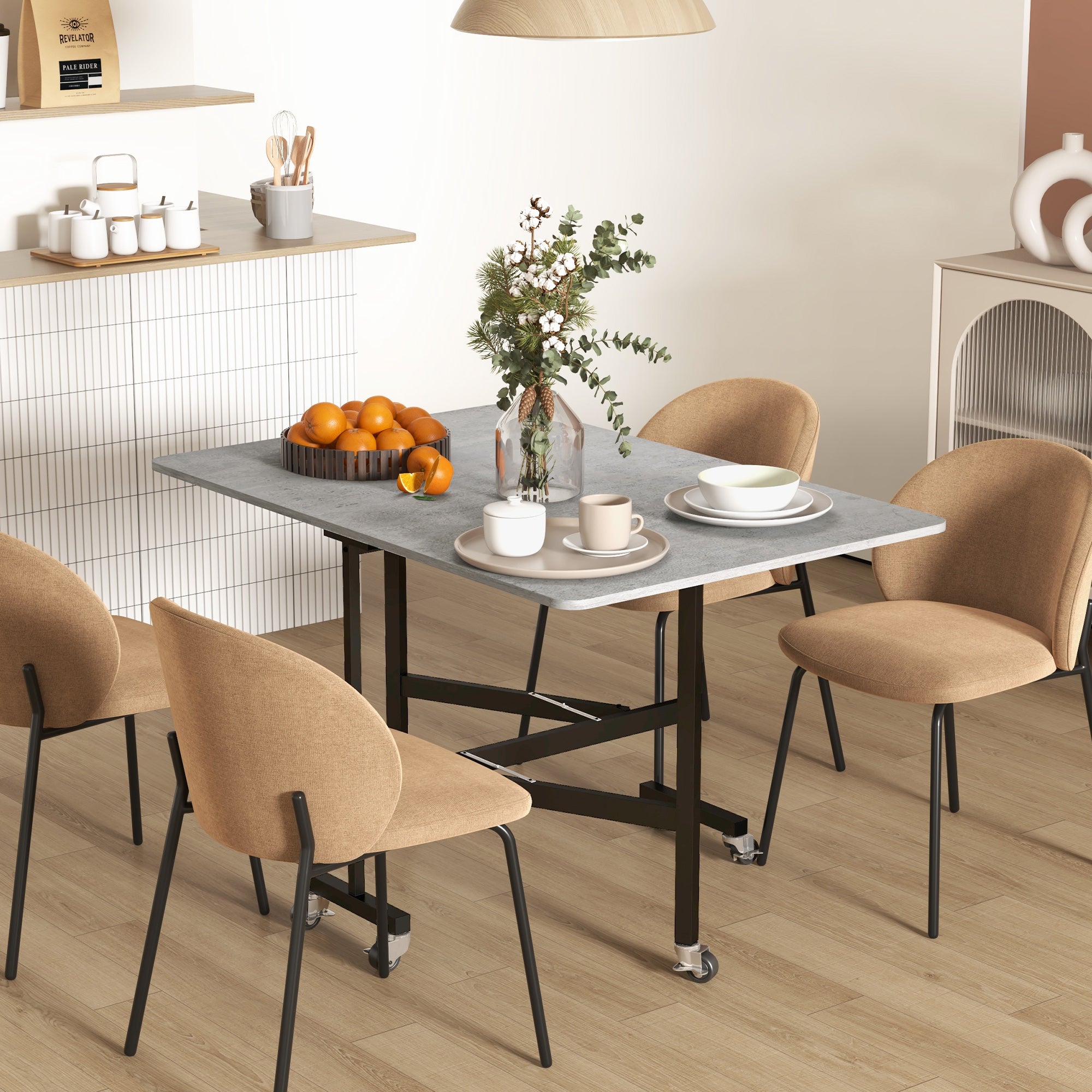 HOMCOM Drop Leaf Table, Folding Dining Table with Metal Frame, Rolling Kitchen Dining Table for Small Spaces, 120cm, Grey - North Peak Garden Furniture