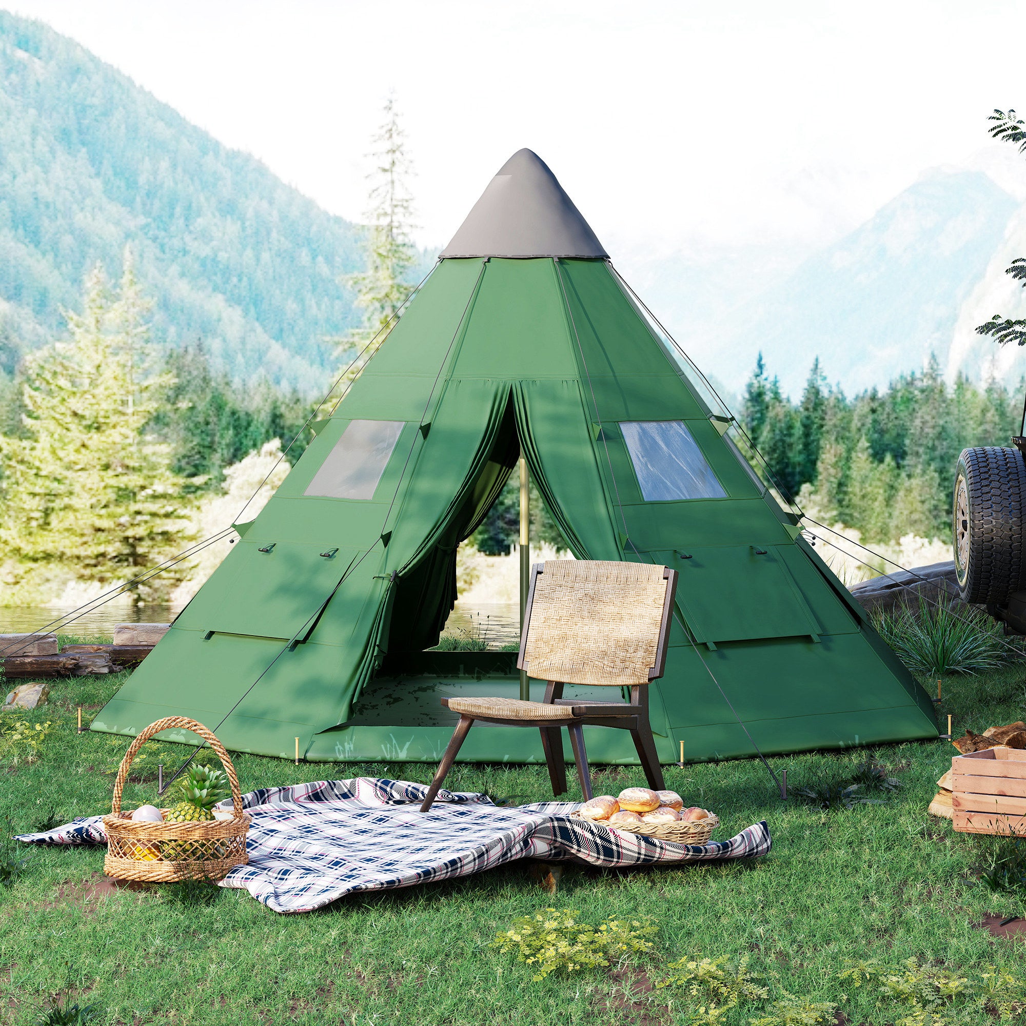 Outsunny 6 Men Tipi Tent with Carry Bag - Green - North Peak Garden Furniture