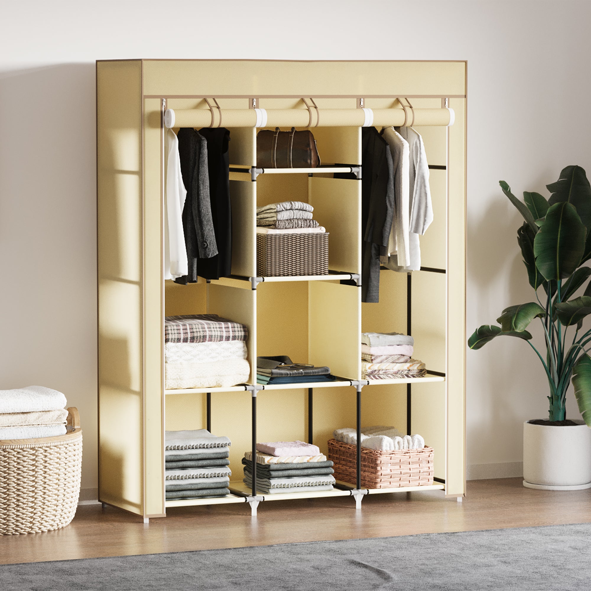 HOMCOM Fabric Wardrobe, Portable Wardrobe, Clothes Storage Unit with 8 Shelves, 2 Hanging Rods, 125 x 43 x 162.5 cm, Beige - North Peak Garden Furniture
