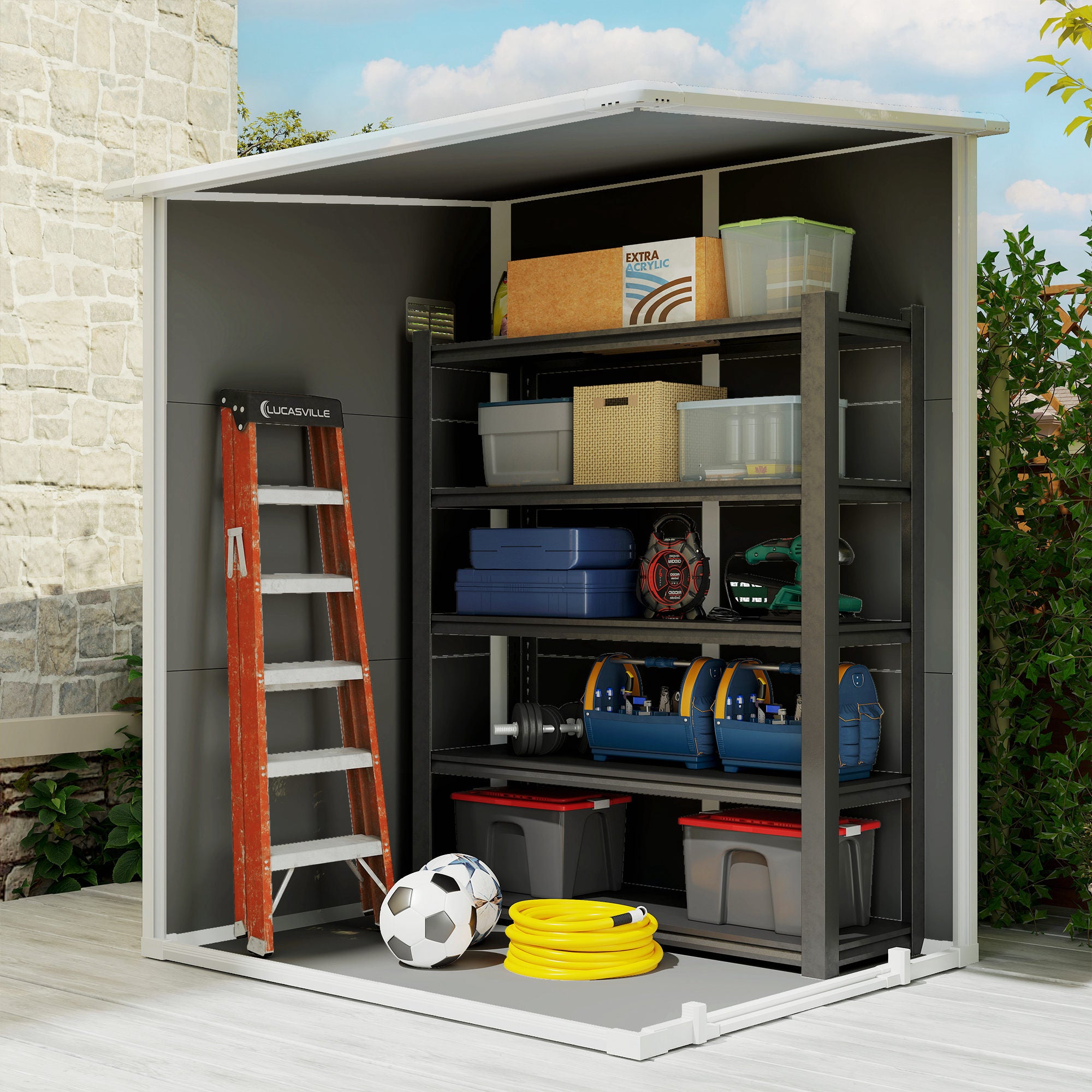 Outsunny 4'x5' Garden Storage Shed, Lean to Shed, Lockable Garden Shed with Window, Vent and Plastic Roof, Grey