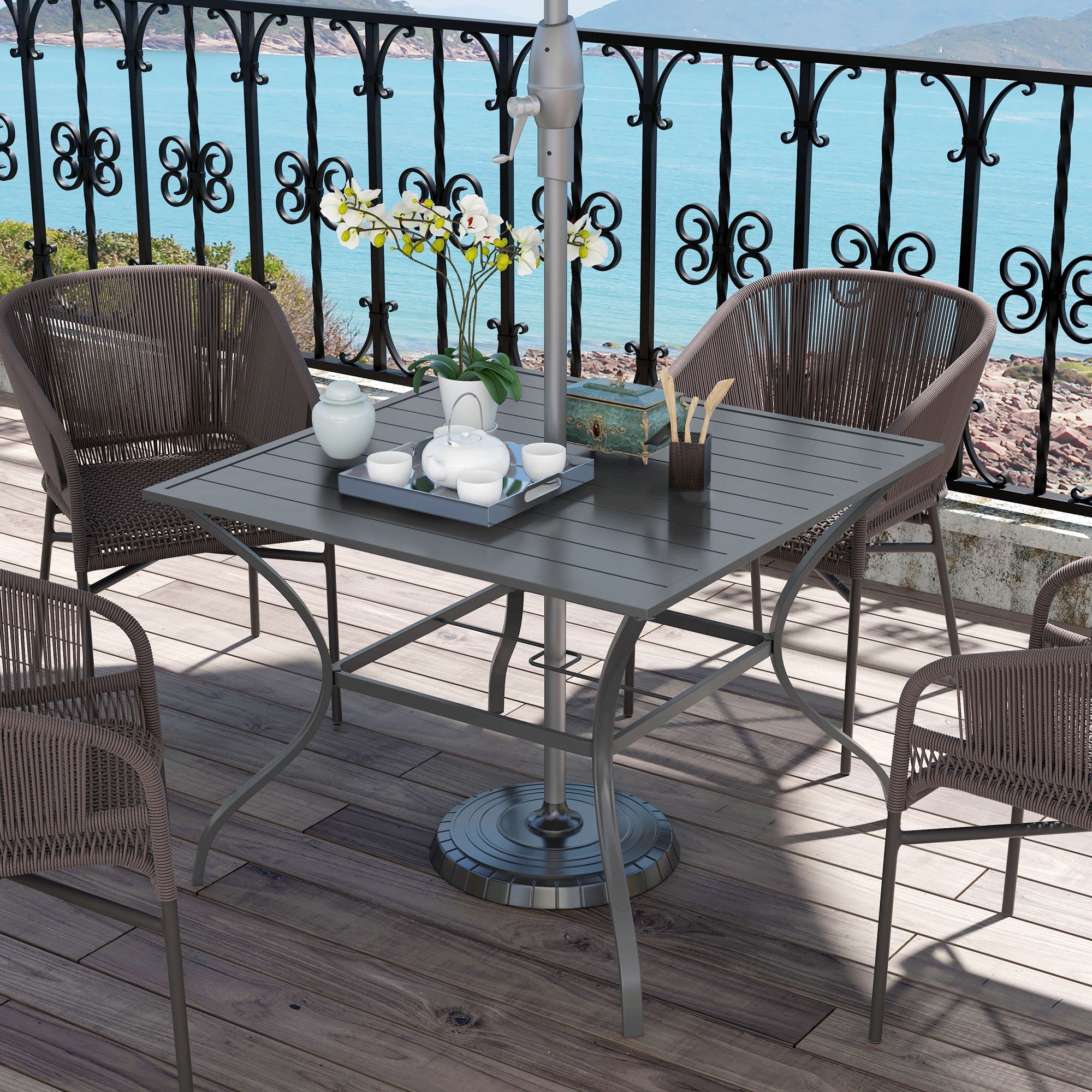 Outsunny 94 x 94 cm Garden Table with Parasol Hole, Outdoor Dining Garden Table for Four with Slatted Metal Plate Top, Dark Grey - North Peak Garden Furniture