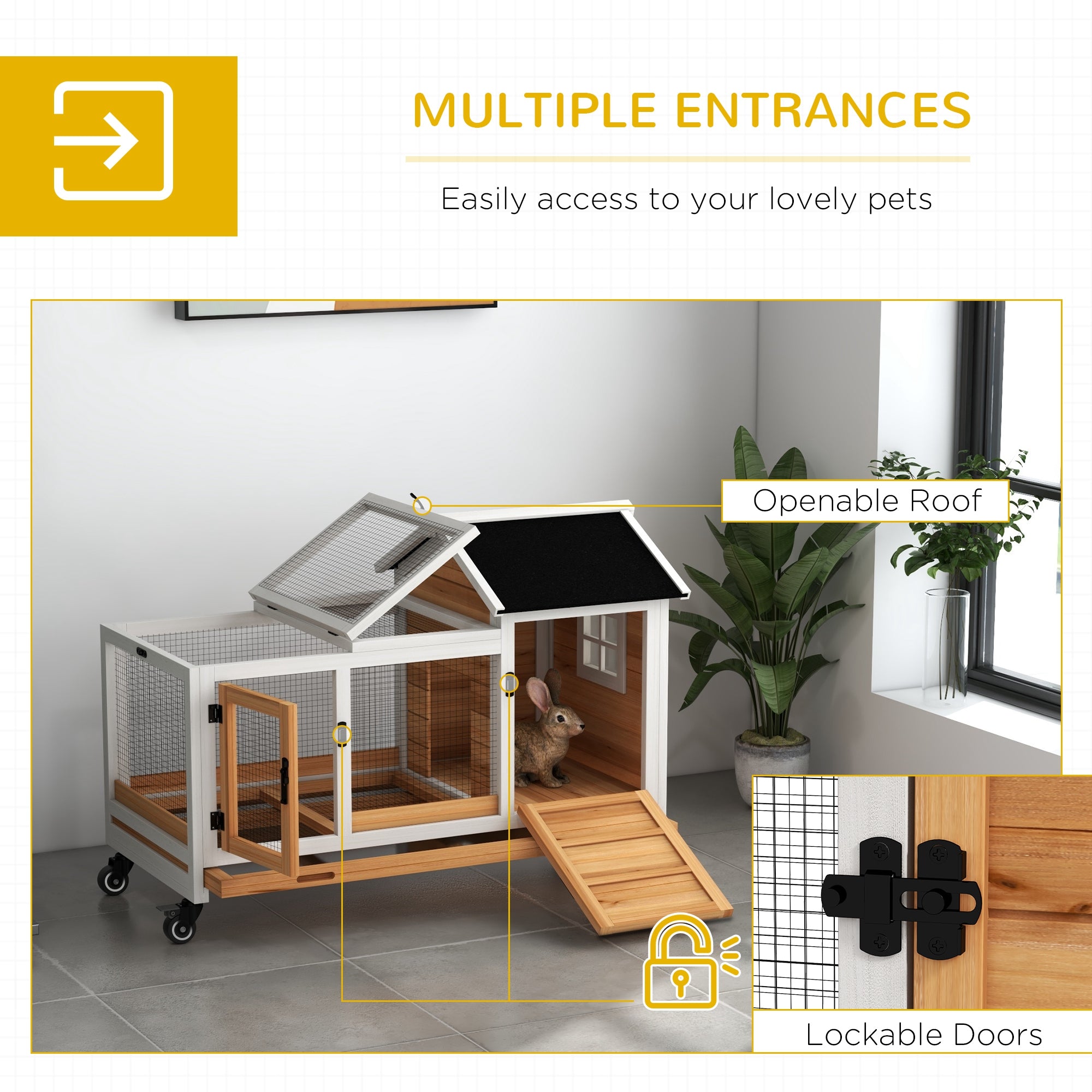 PawHut Wooden Rabbit Hutch, Guinea Pig Cage, with Removable Tray, Wheels - Yellow - North Peak Garden Furniture